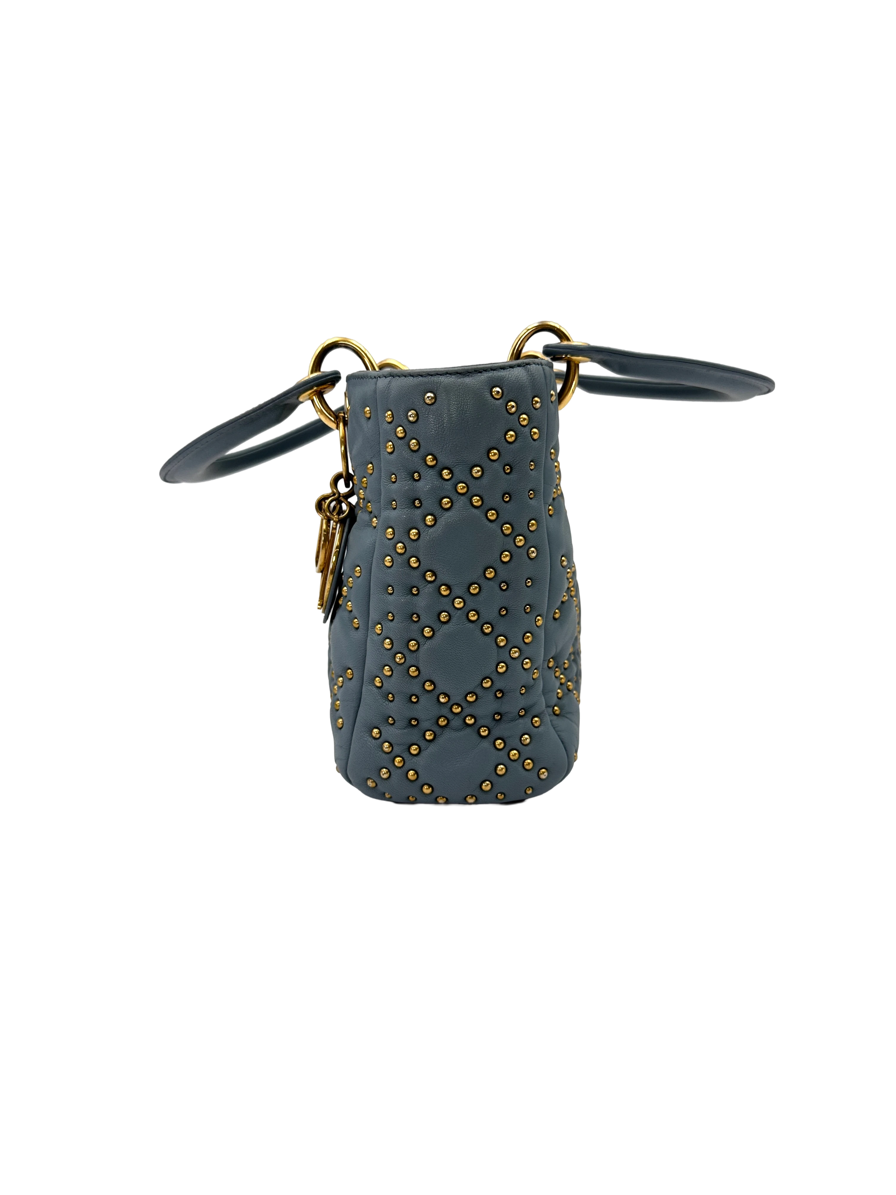 Christian Dior Lady Dior Blue Cannage Studs Leather Handle Bag DR876