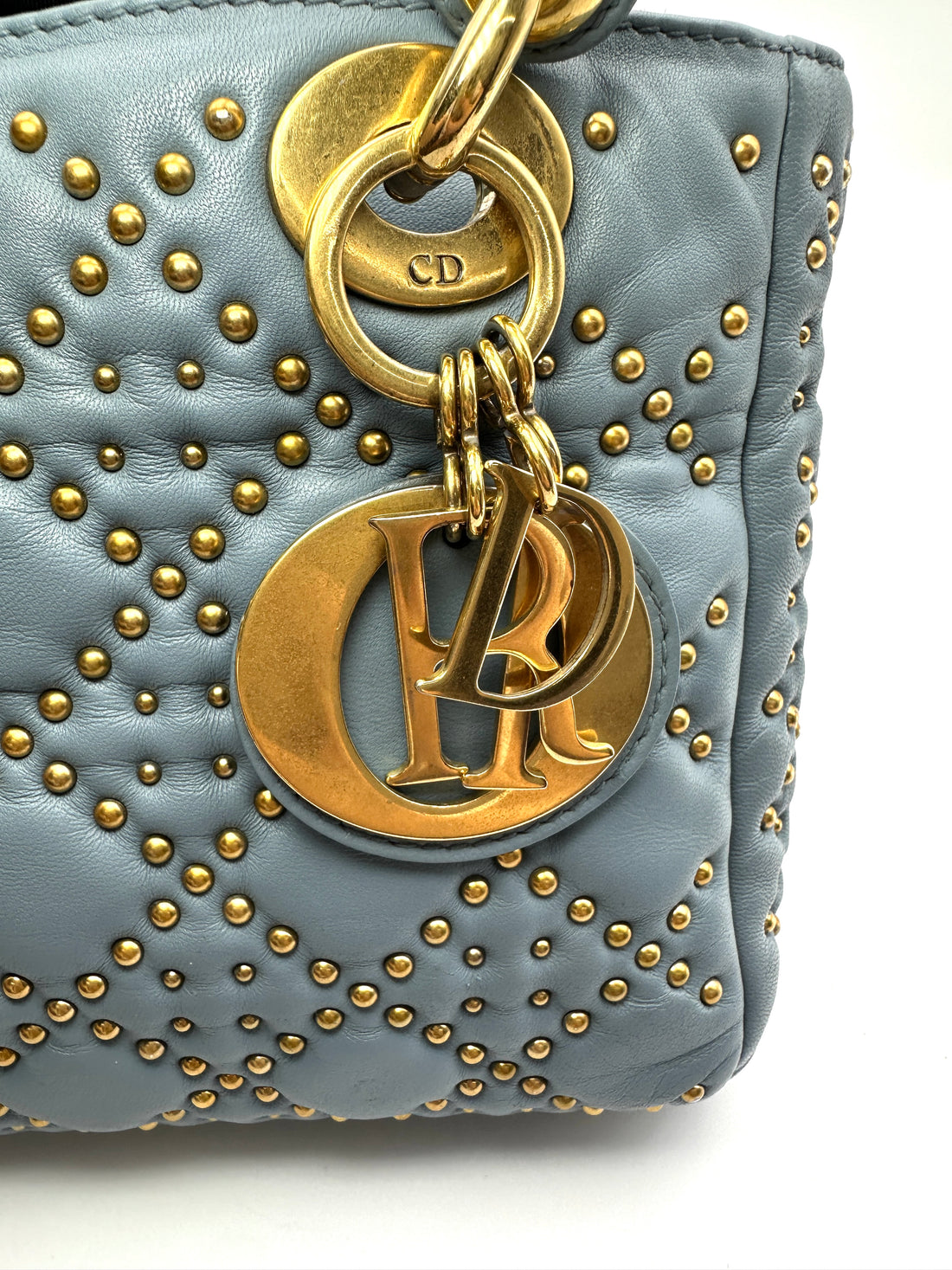 Christian Dior Lady Dior Blue Cannage Studs Leather Handle Bag DR876
