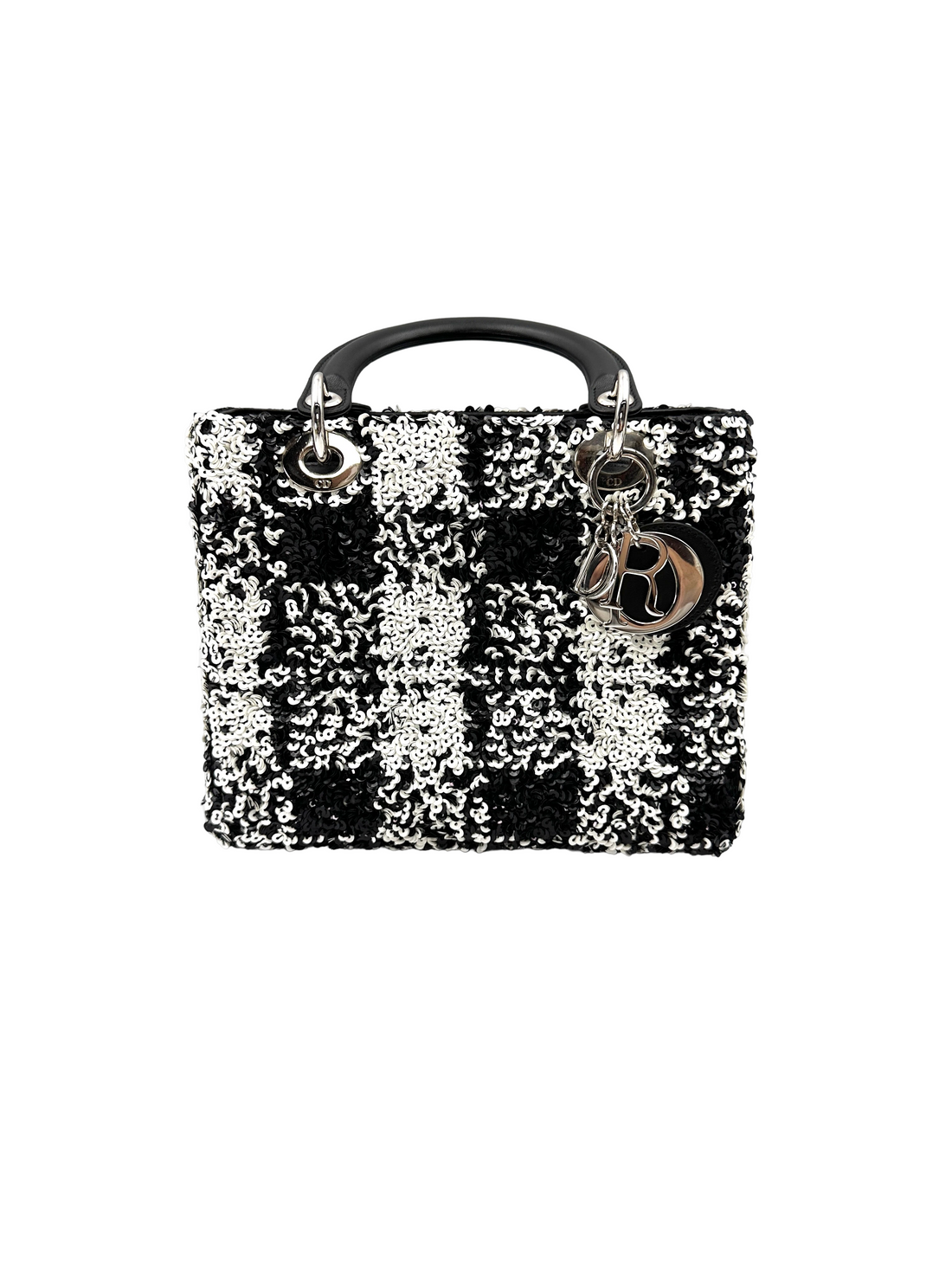 Christian Dior Lady Dior Black/White Sequin Embroidered Handle Bag DR878