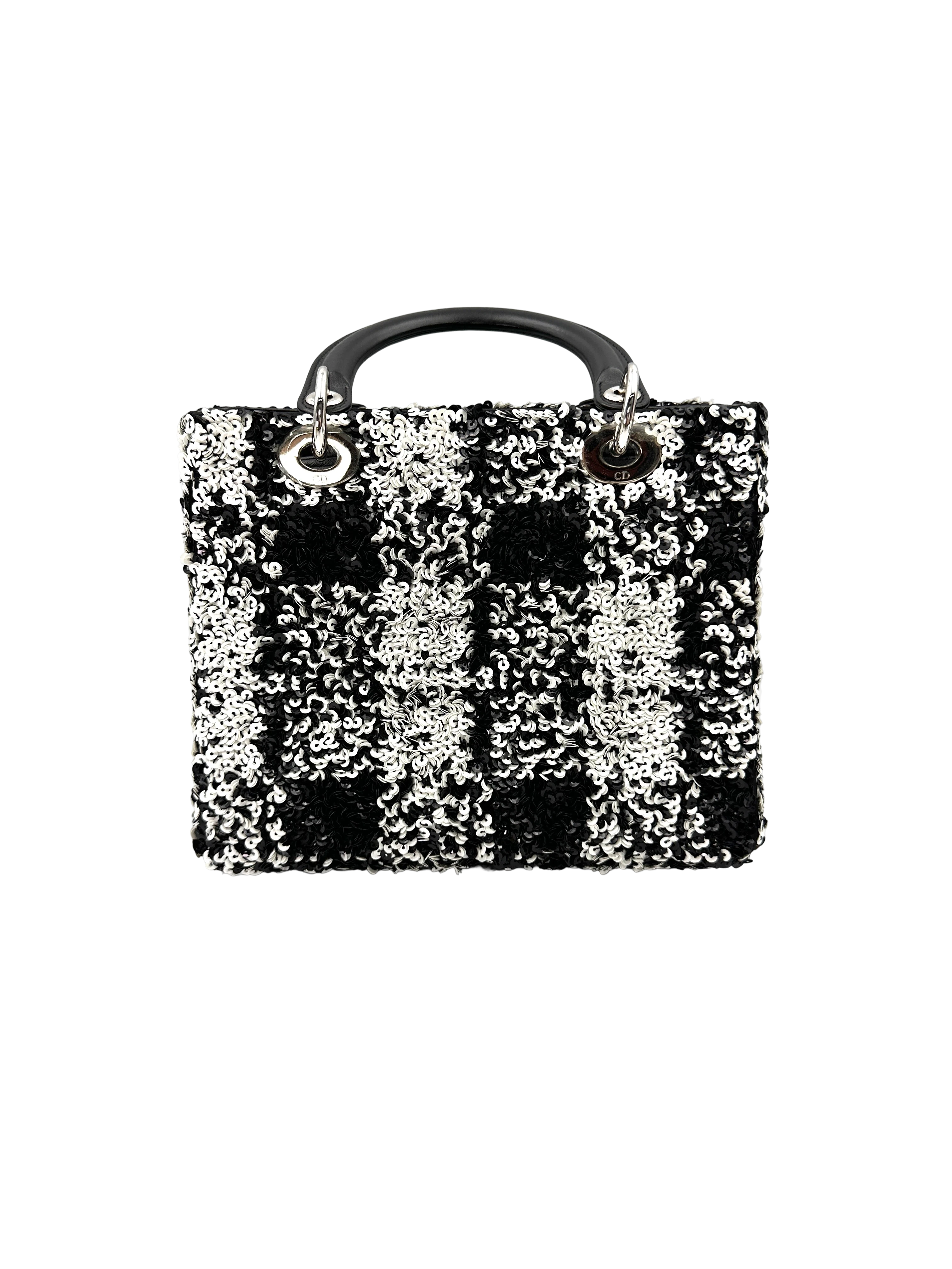 Christian Dior Lady Dior Black/White Sequin Embroidered Handle Bag DR878