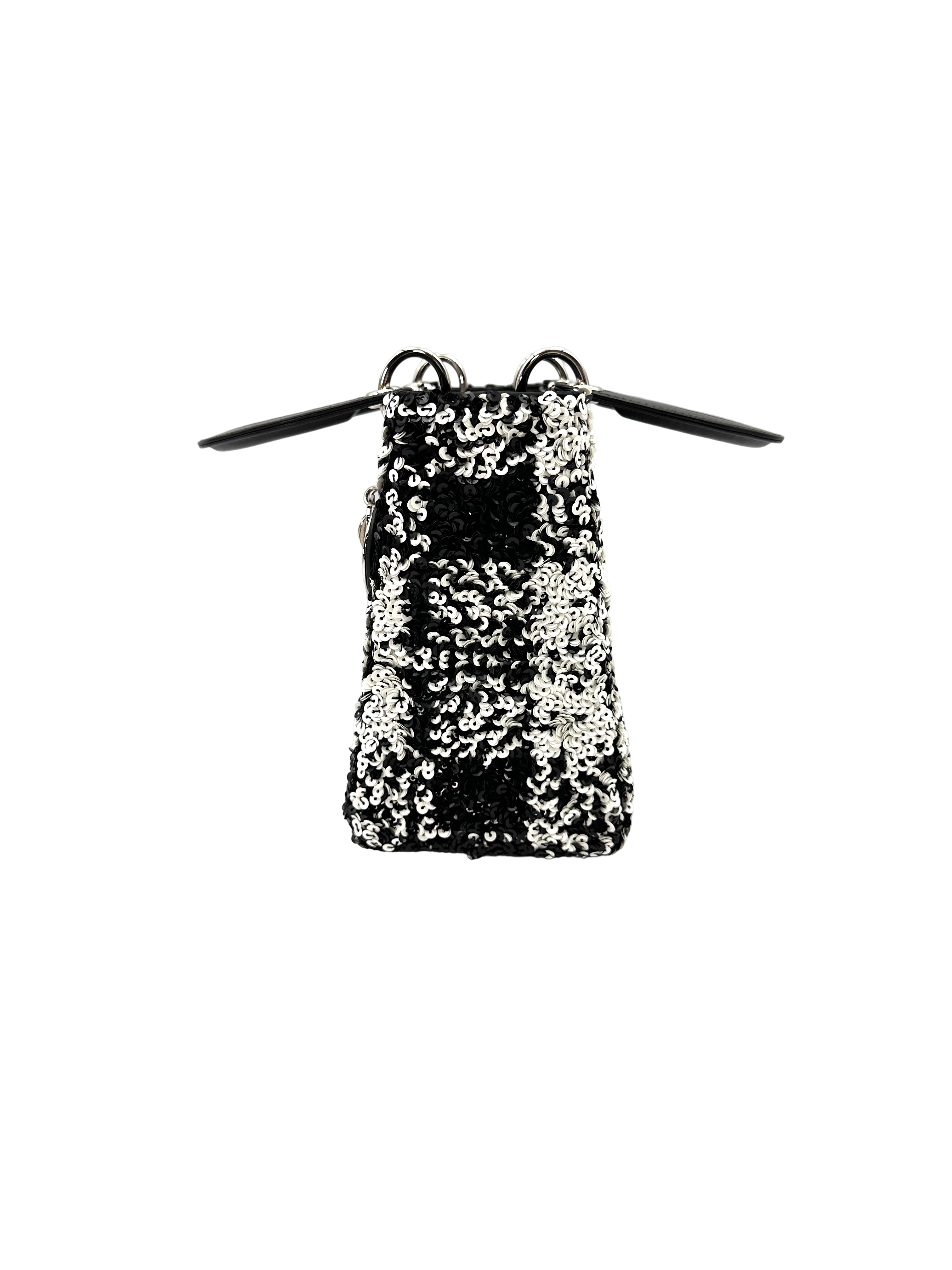 Christian Dior Lady Dior Black/White Sequin Embroidered Handle Bag DR878