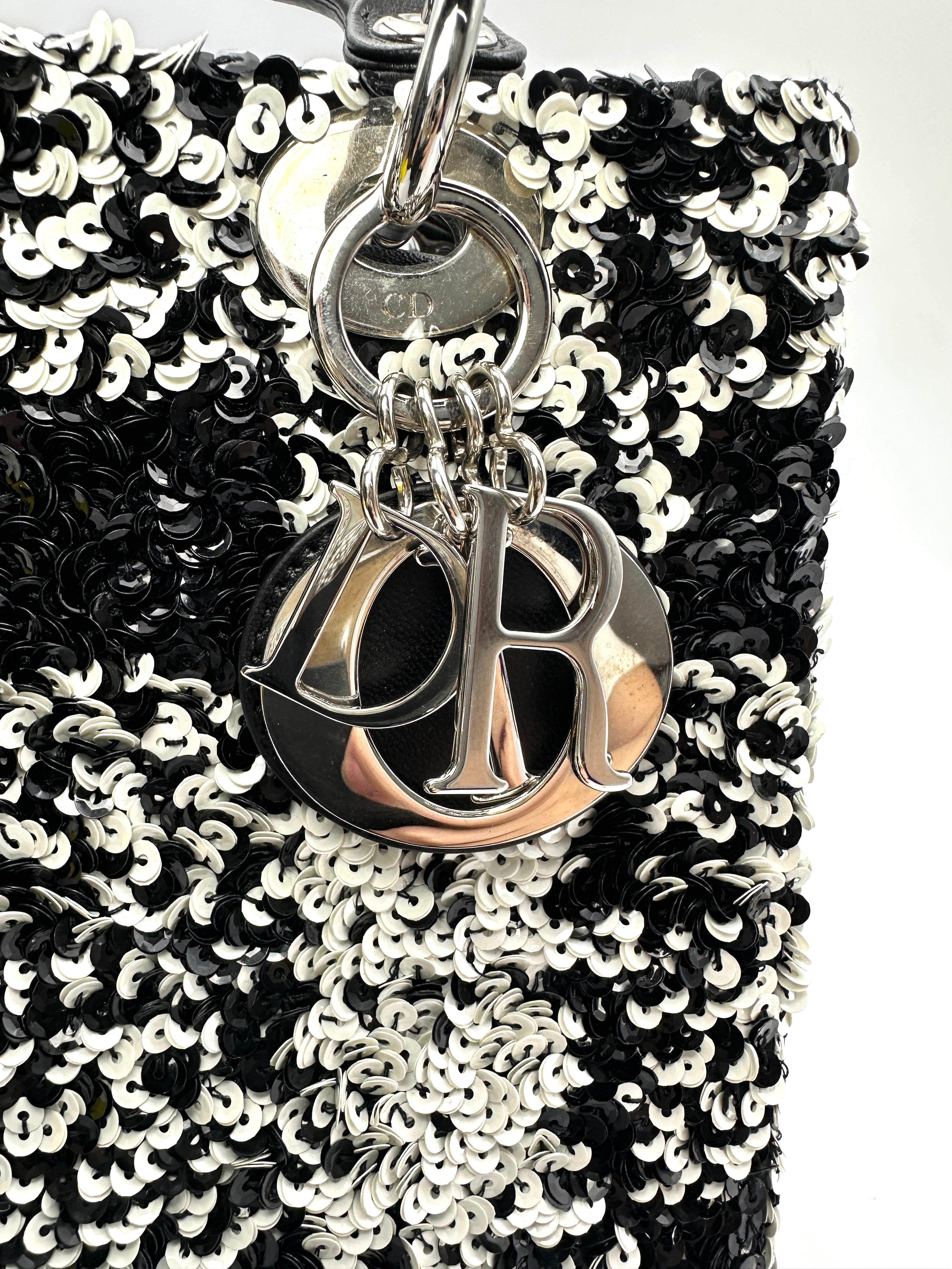 Christian Dior Lady Dior Black/White Sequin Embroidered Handle Bag DR878