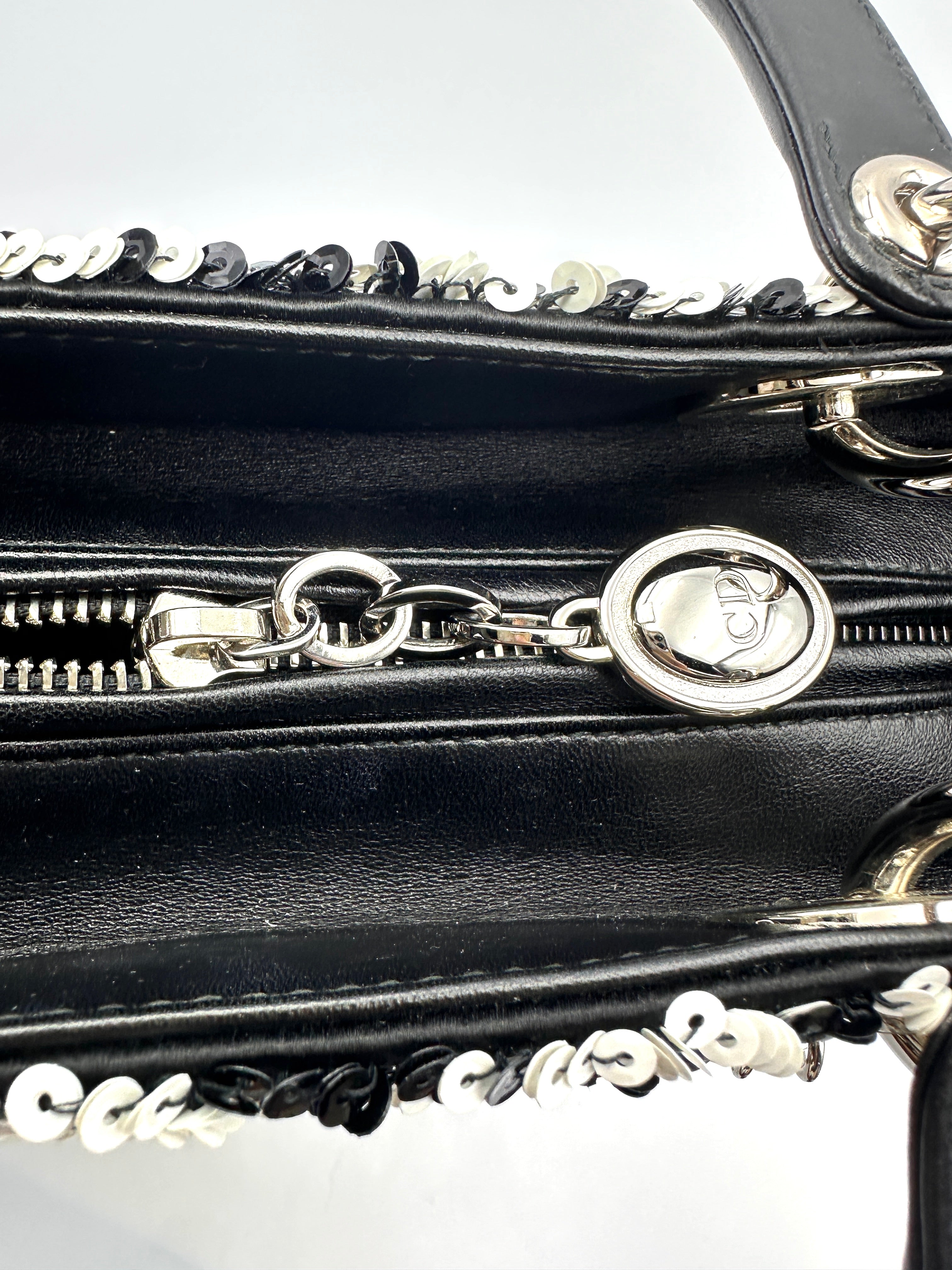Christian Dior Lady Dior Black/White Sequin Embroidered Handle Bag DR878