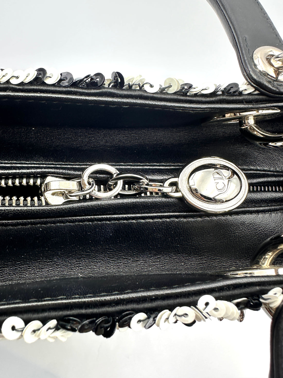 Christian Dior Lady Dior Black/White Sequin Embroidered Handle Bag DR878