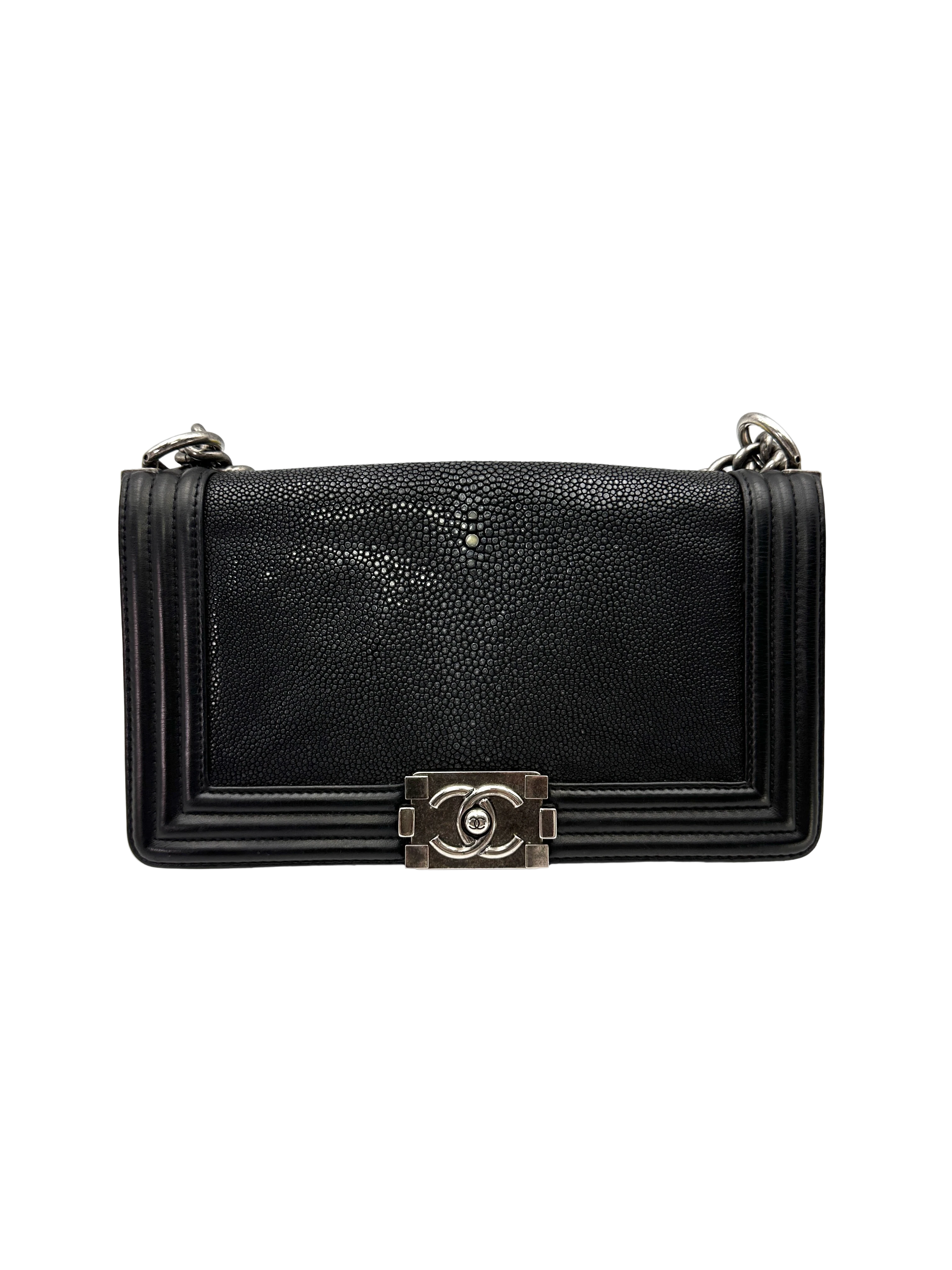 Chanel LeBoy Black Stingray Leather Flap Bag With Silver Buckle(16***44) CC2453