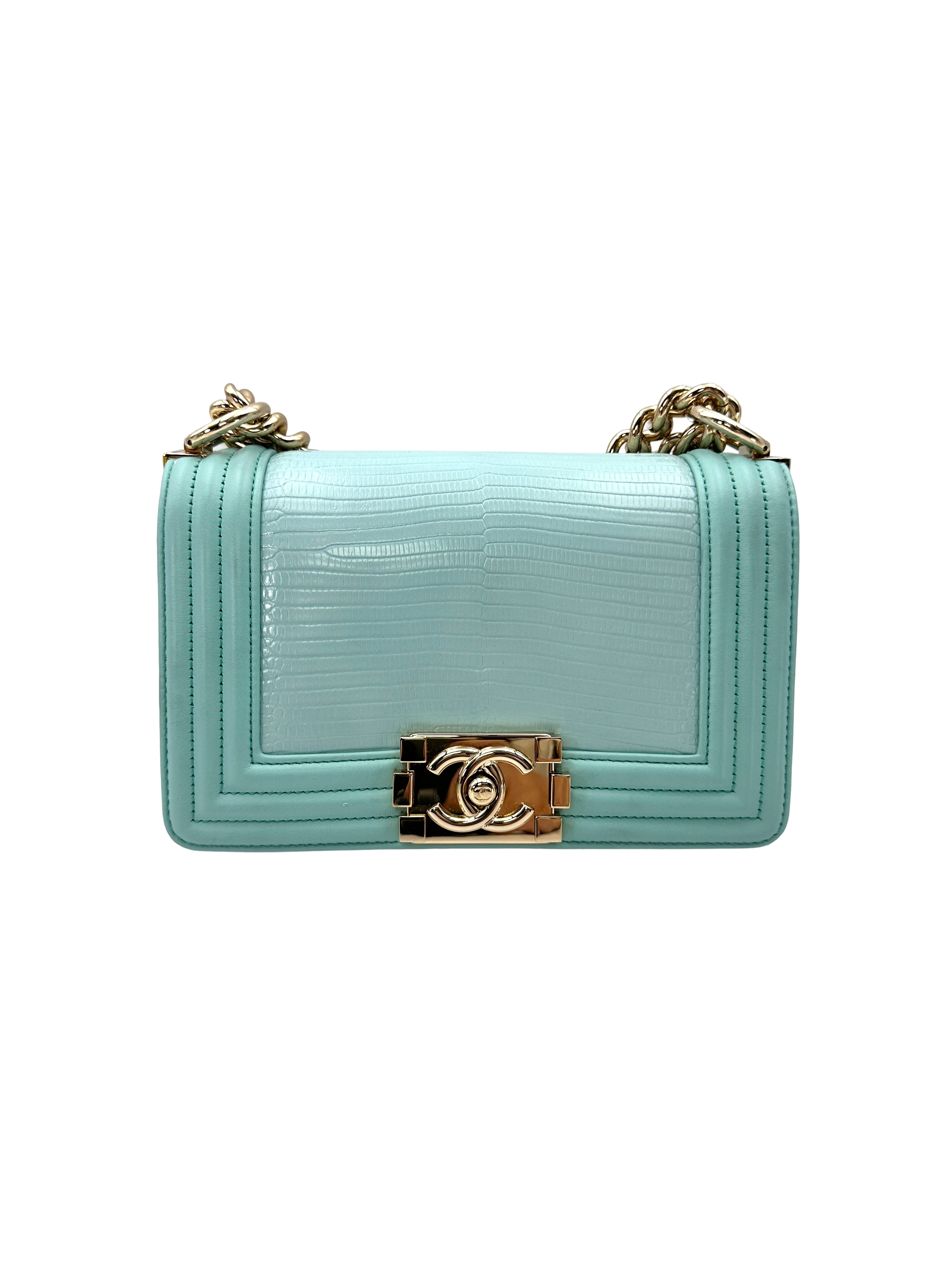 Chanel LeBoy Tiffany Blue Lizard Leather Small Size Flap Bag With Gold Buckle(27***64) CC2456