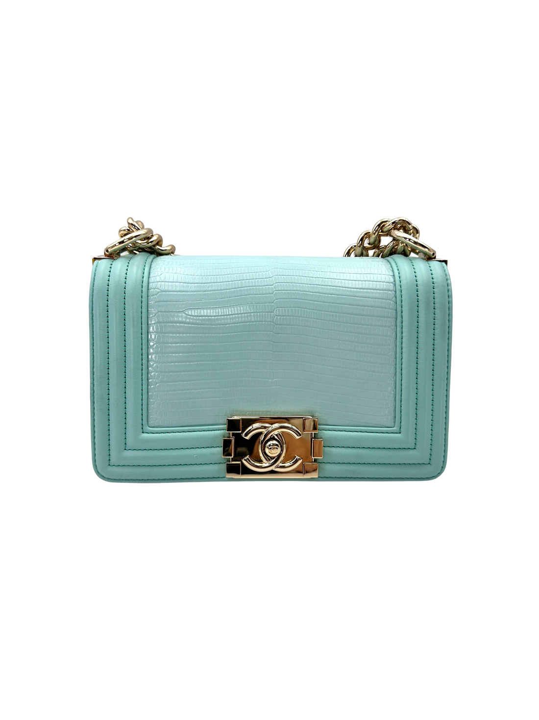 Chanel LeBoy Tiffany Blue Lizard Leather Small Size Flap Bag With Gold Buckle(27***64) CC2456