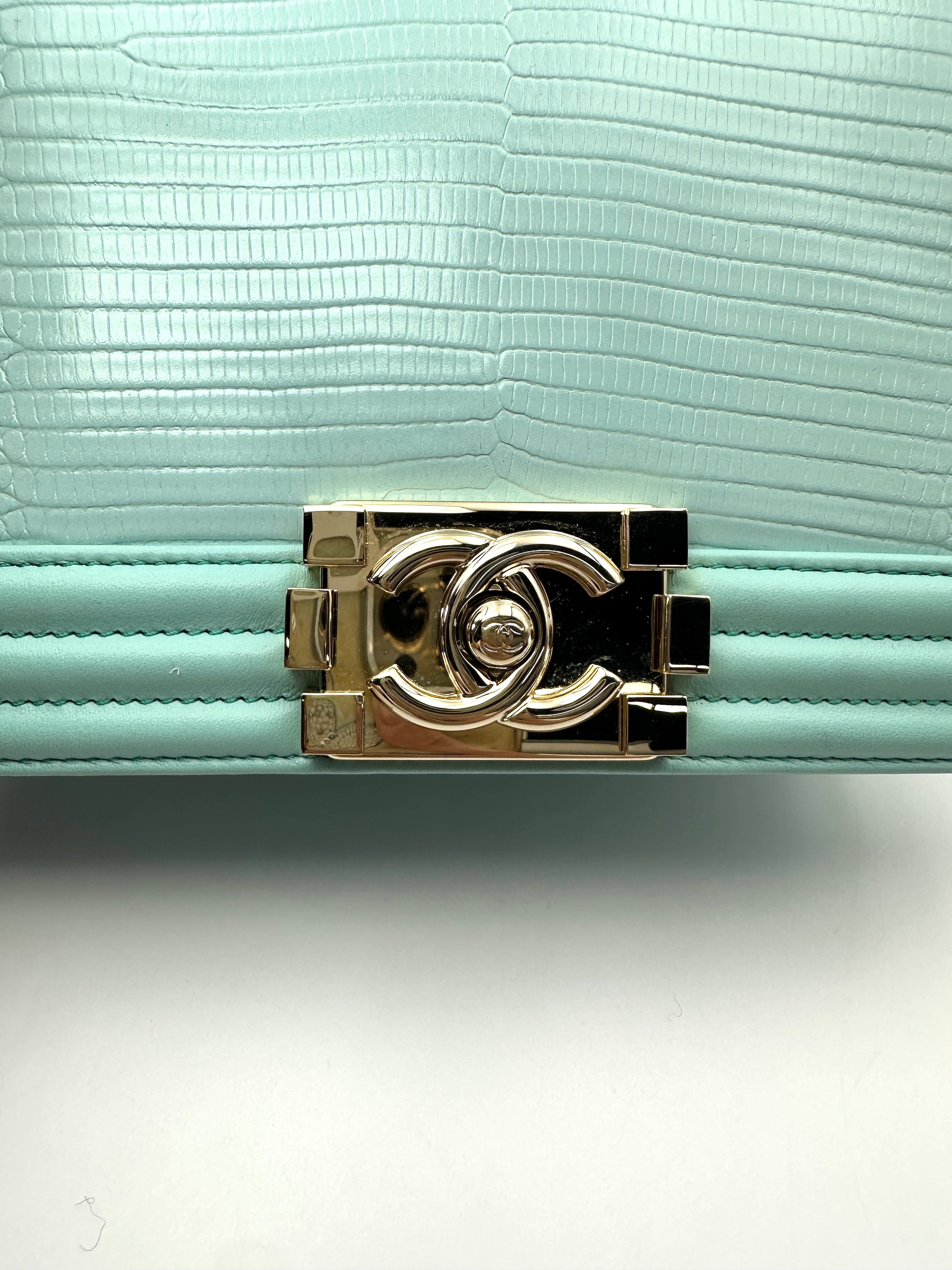 Chanel LeBoy Tiffany Blue Lizard Leather Small Size Flap Bag With Gold Buckle(27***64) CC2456