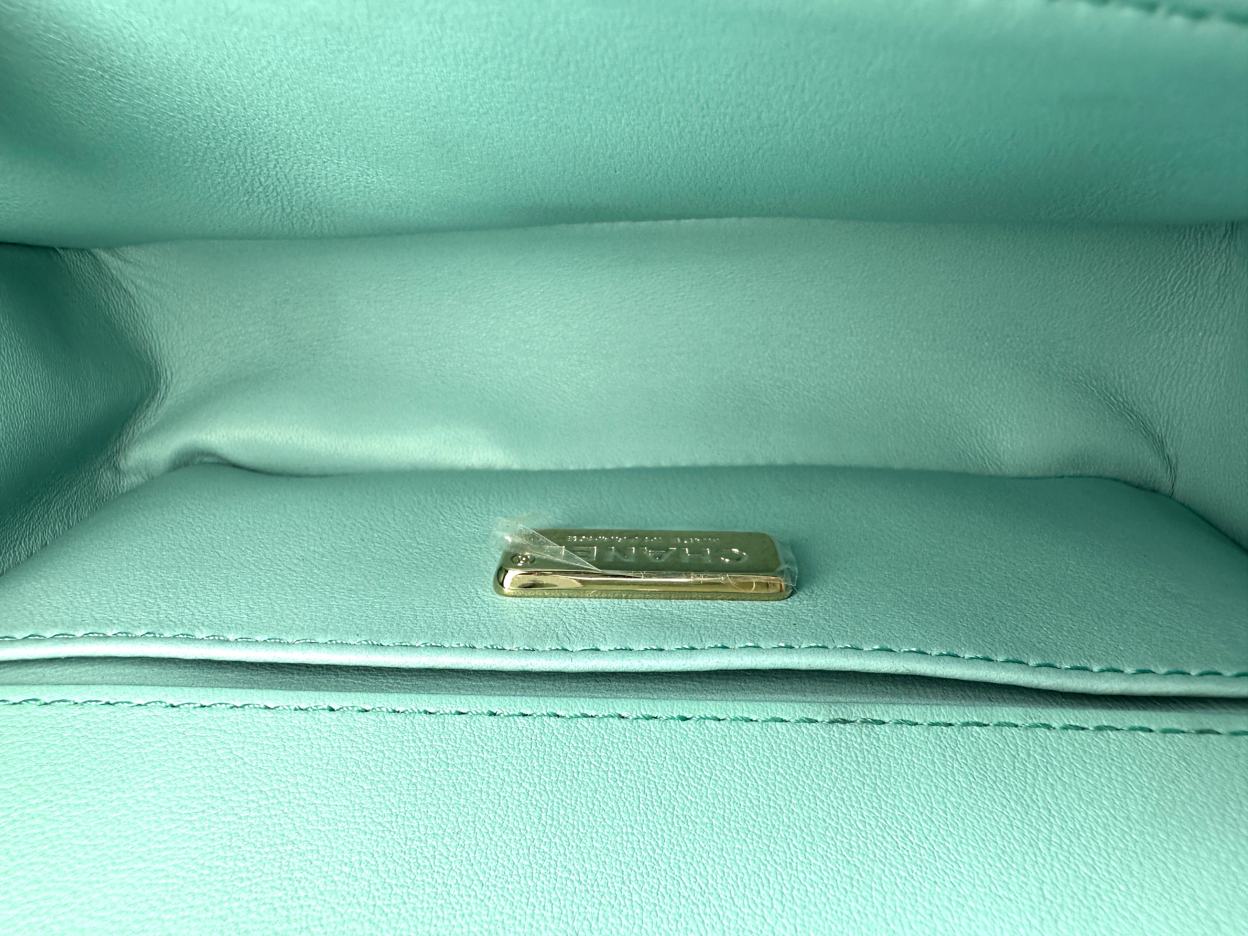 Chanel LeBoy Tiffany Blue Lizard Leather Small Size Flap Bag With Gold Buckle(27***64) CC2456