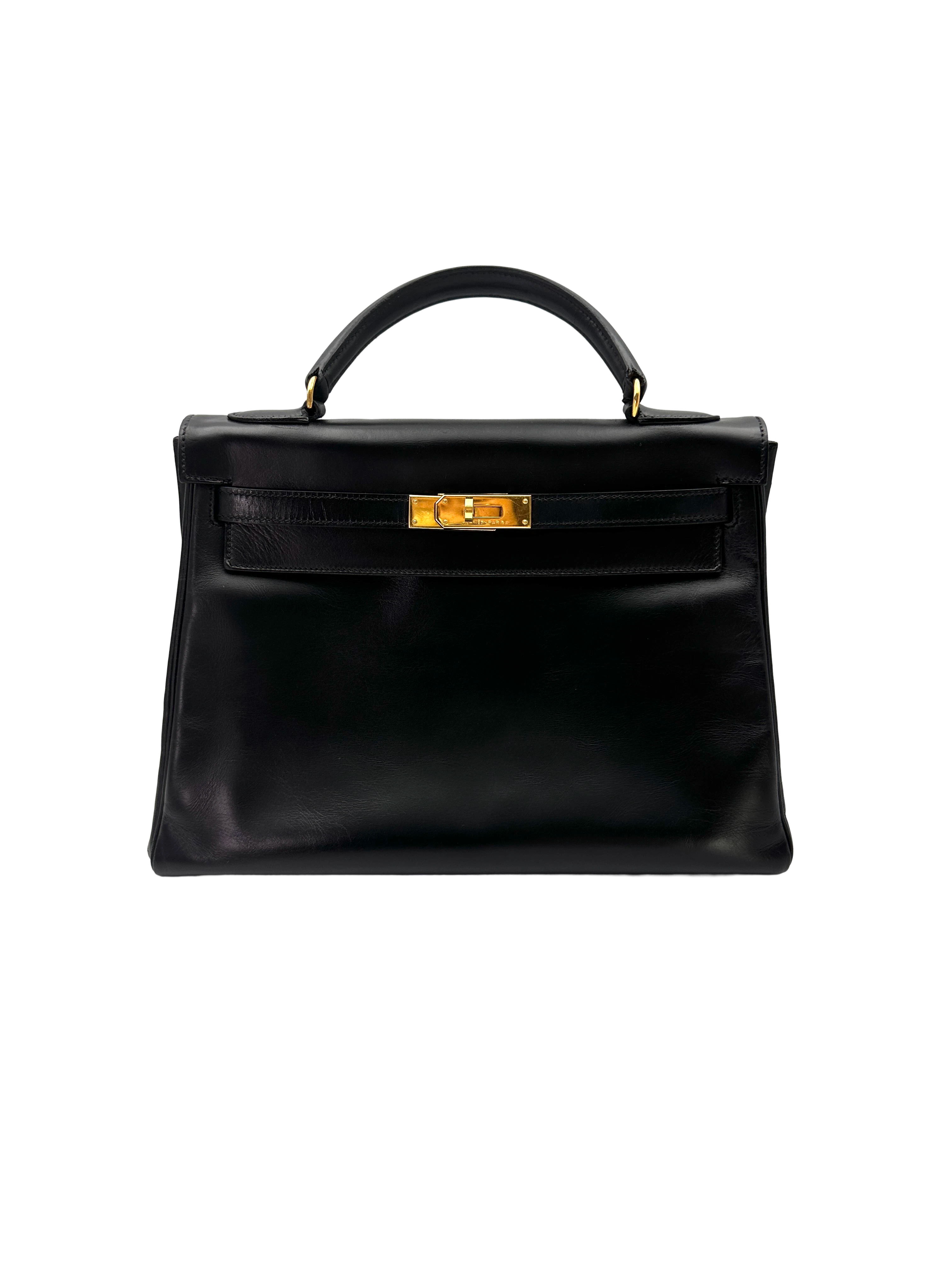 Hermes Kelly Black Leather Top Handle Bag With Gold Hardware HR144SA