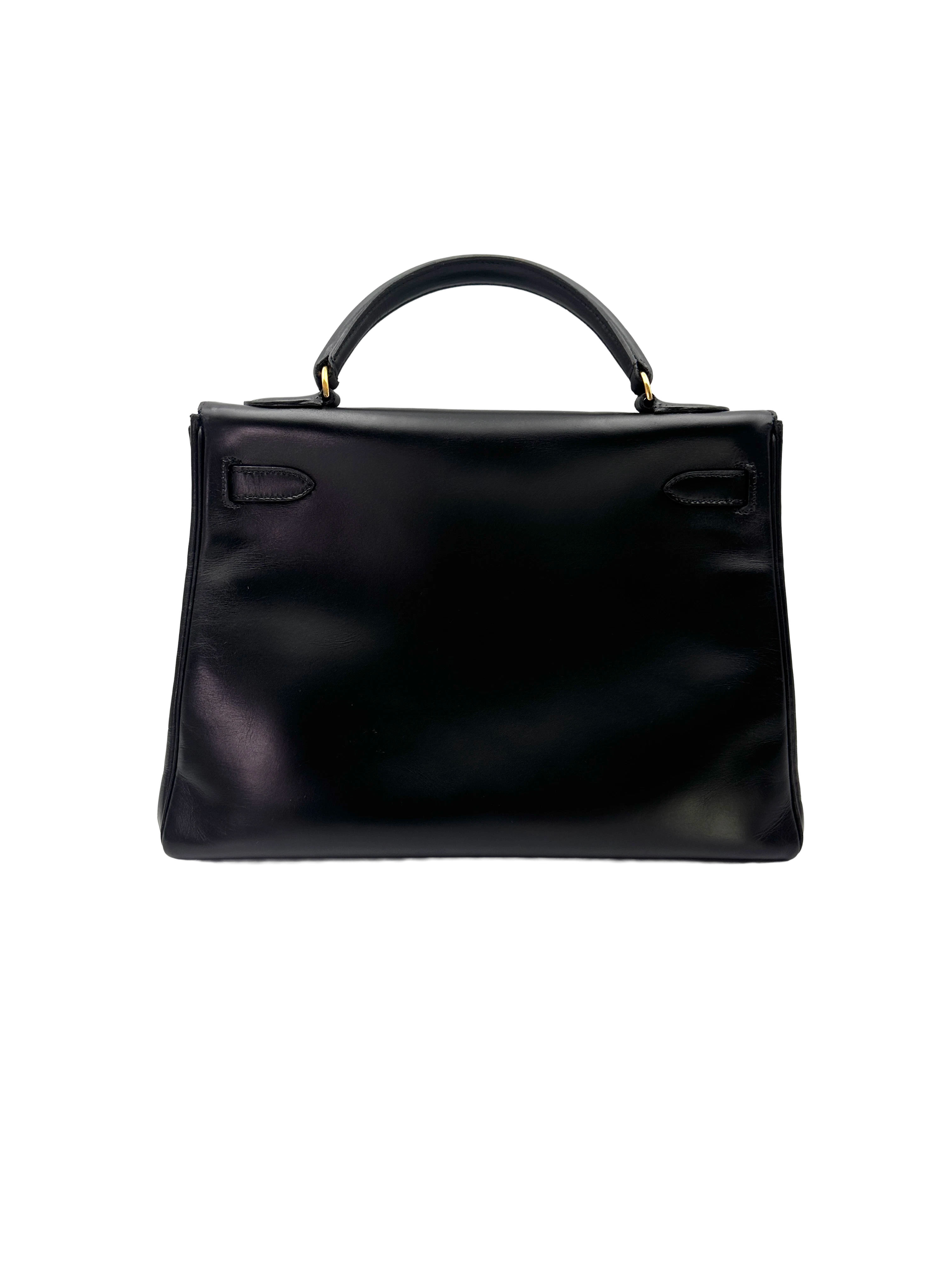 Hermes Kelly Black Leather Top Handle Bag With Gold Hardware HR144SA