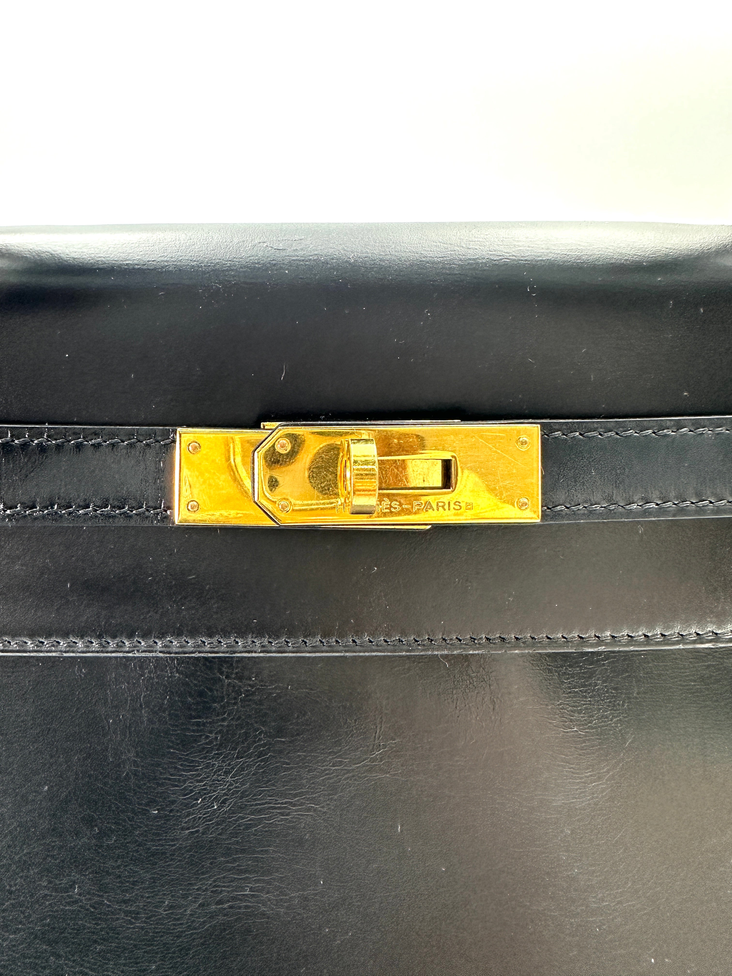 Hermes Kelly Black Leather Top Handle Bag With Gold Hardware HR144SA
