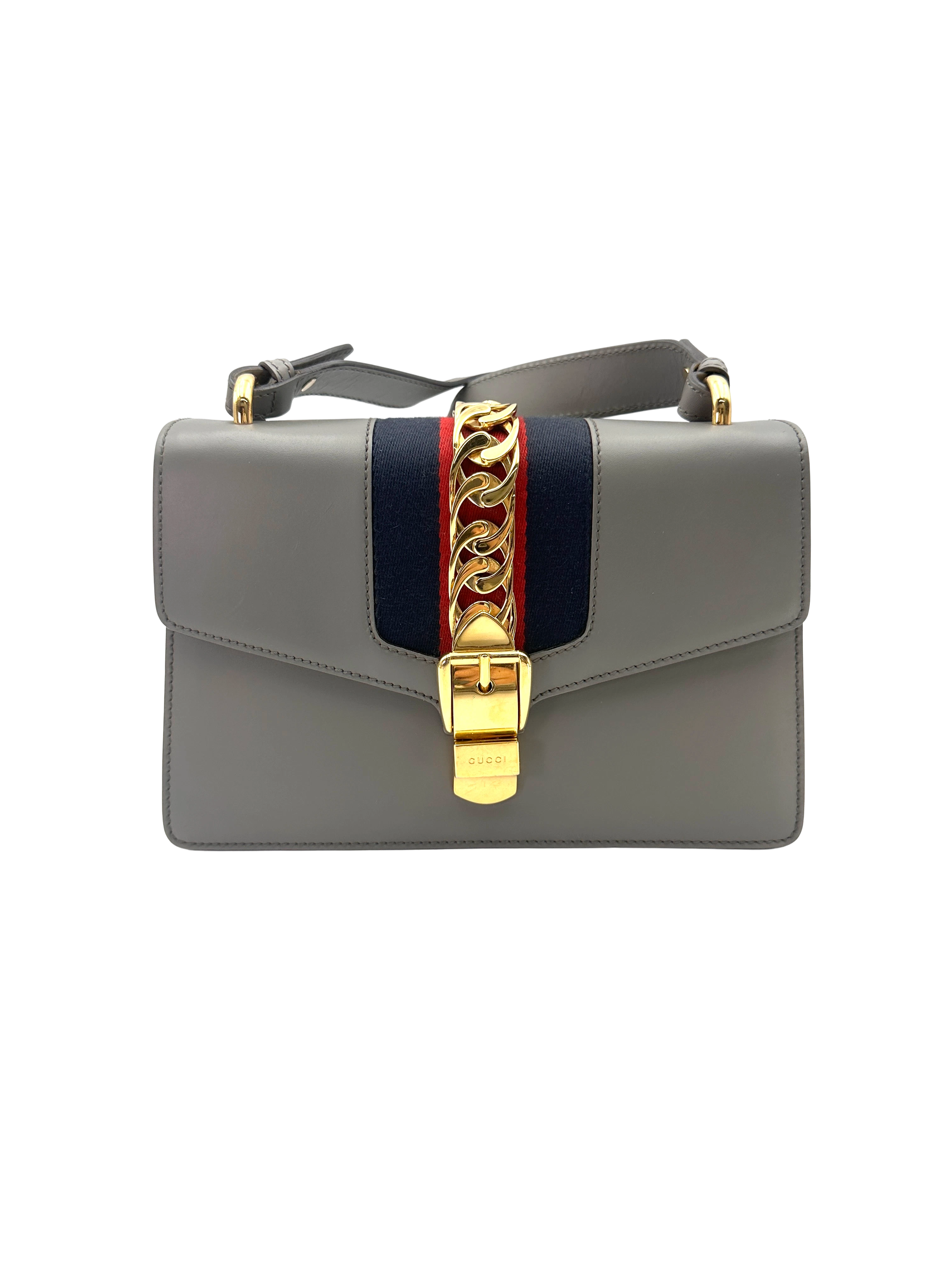 Gucci Sylvie Grey Leather Medium Size Shoulder Bag GG1373