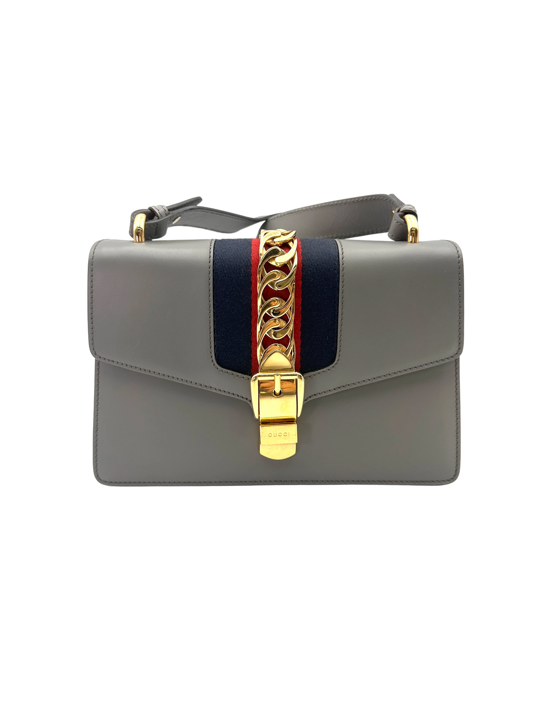 Gucci Sylvie Grey Leather Medium Size Shoulder Bag GG1373