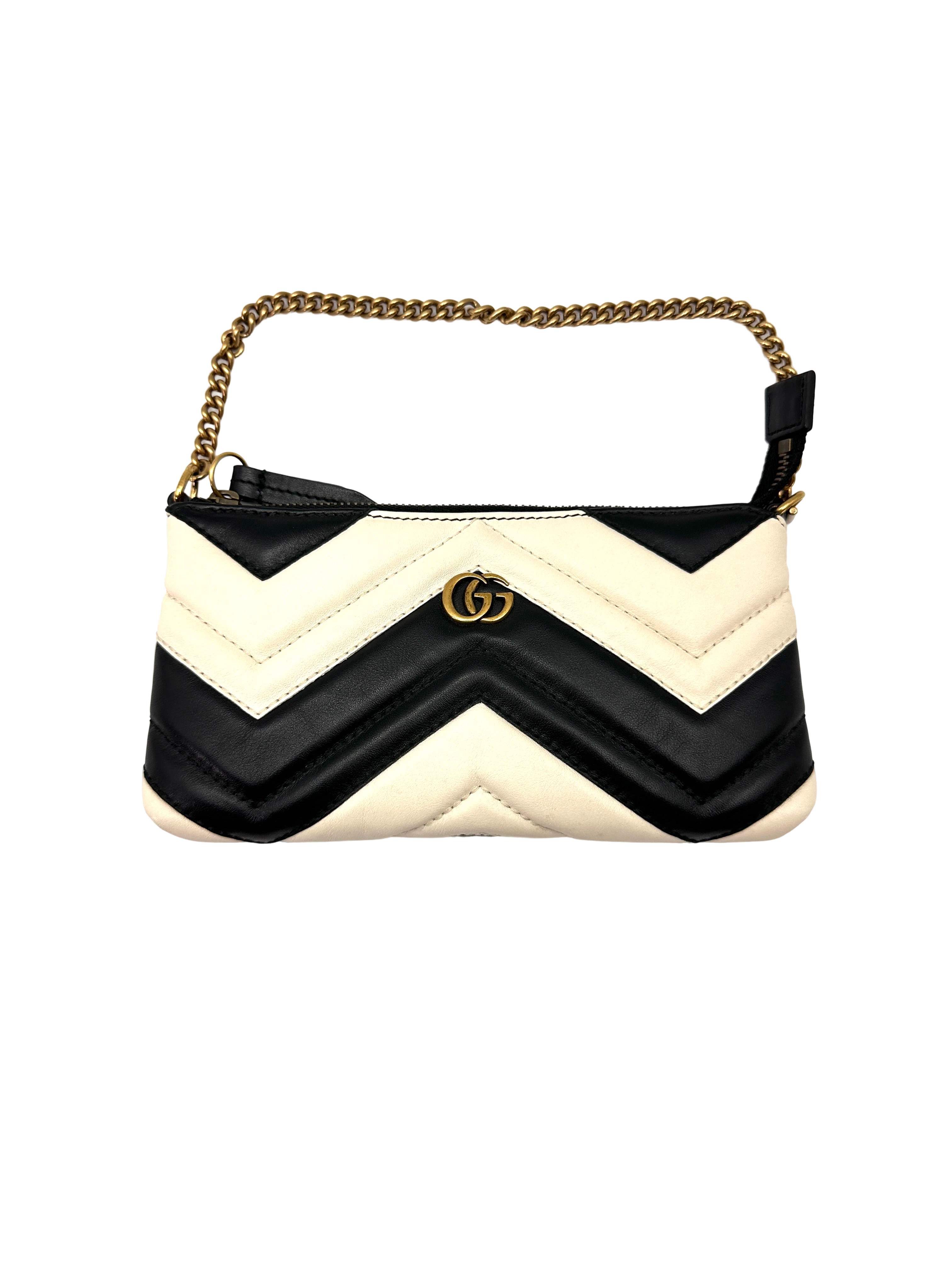 Gucci GG Marmont Black/White Chevron Quilted Leather Wallet On Chain GG1376