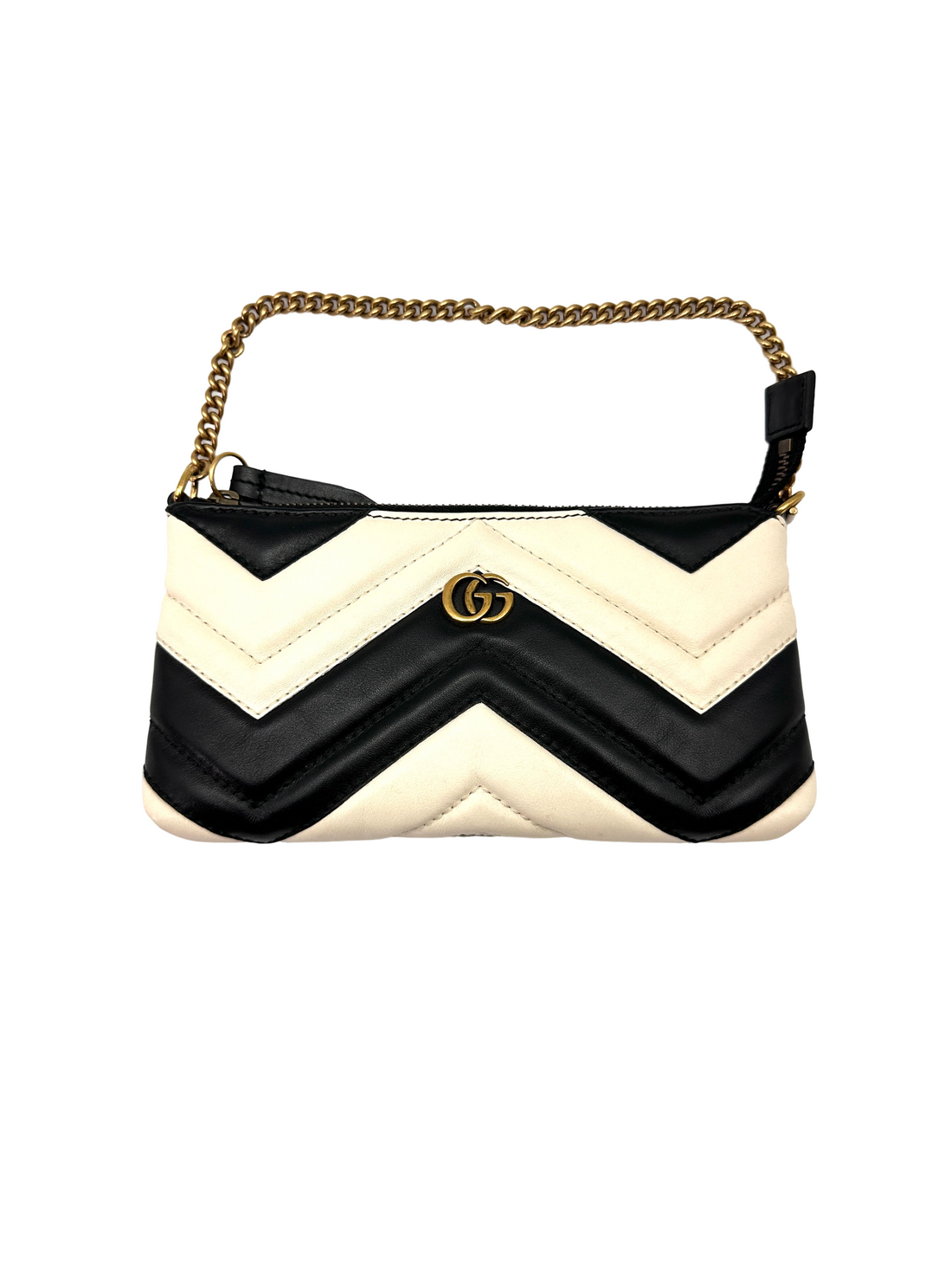 Gucci GG Marmont Black/White Chevron Quilted Leather Wallet On Chain GG1376