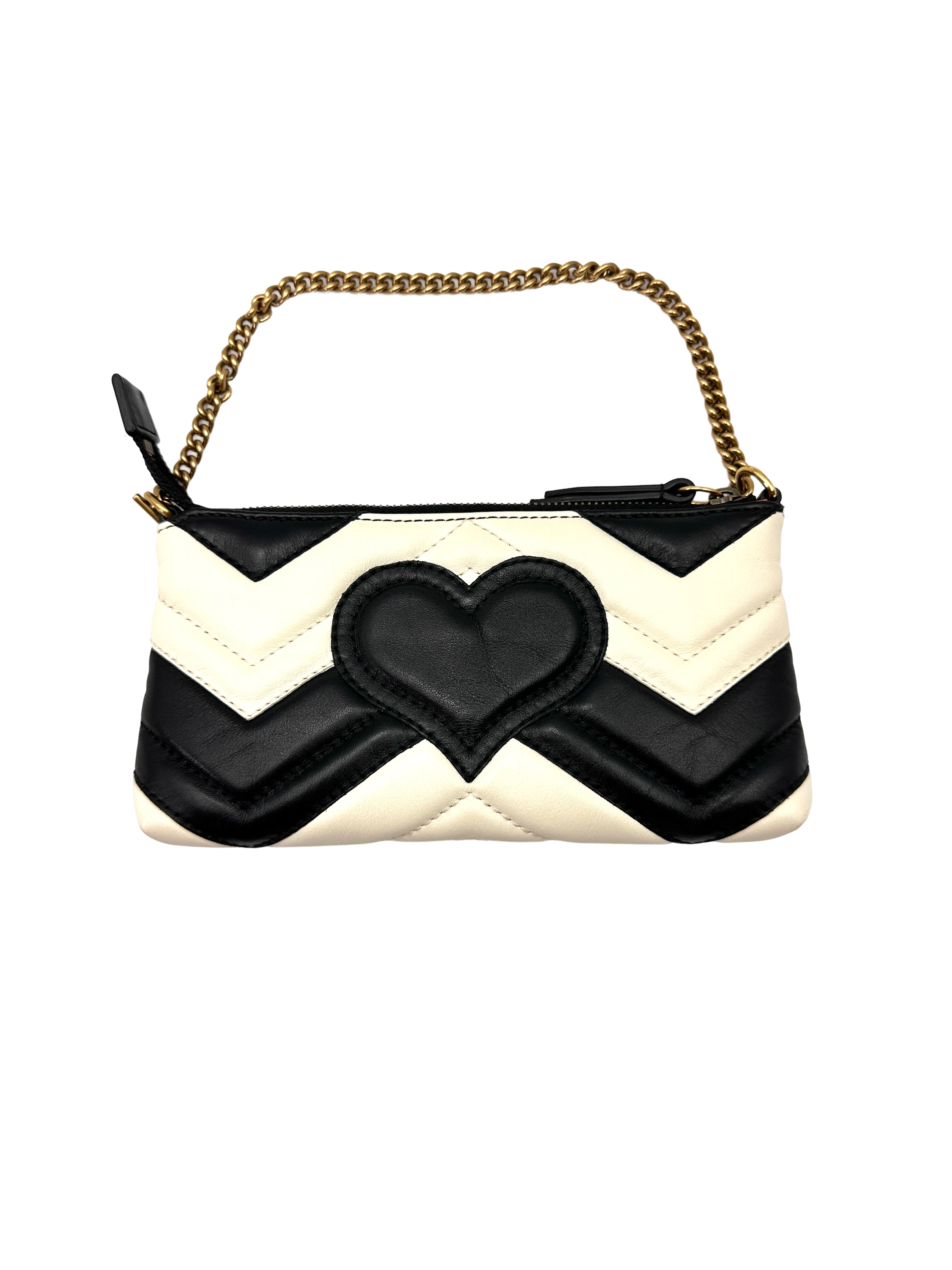 Gucci GG Marmont Black/White Chevron Quilted Leather Wallet On Chain GG1376
