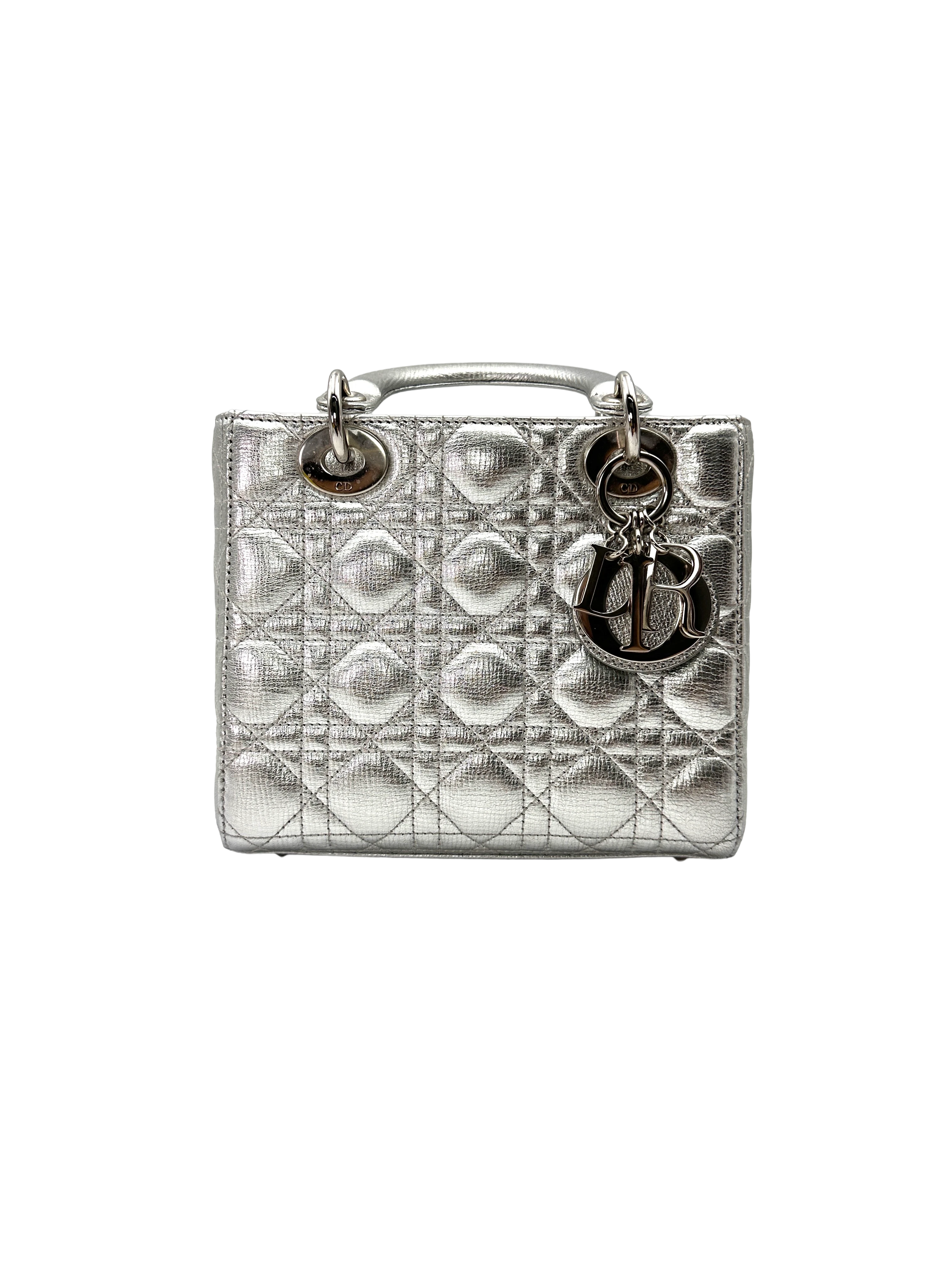 Christian Dior Lady Dior Metallic Silver Leather Handle Bag DR881