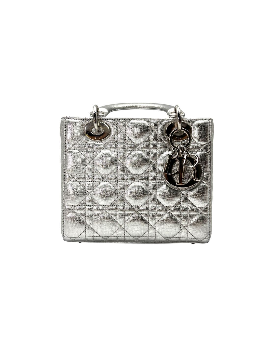 Christian Dior Lady Dior Metallic Silver Leather Handle Bag DR881