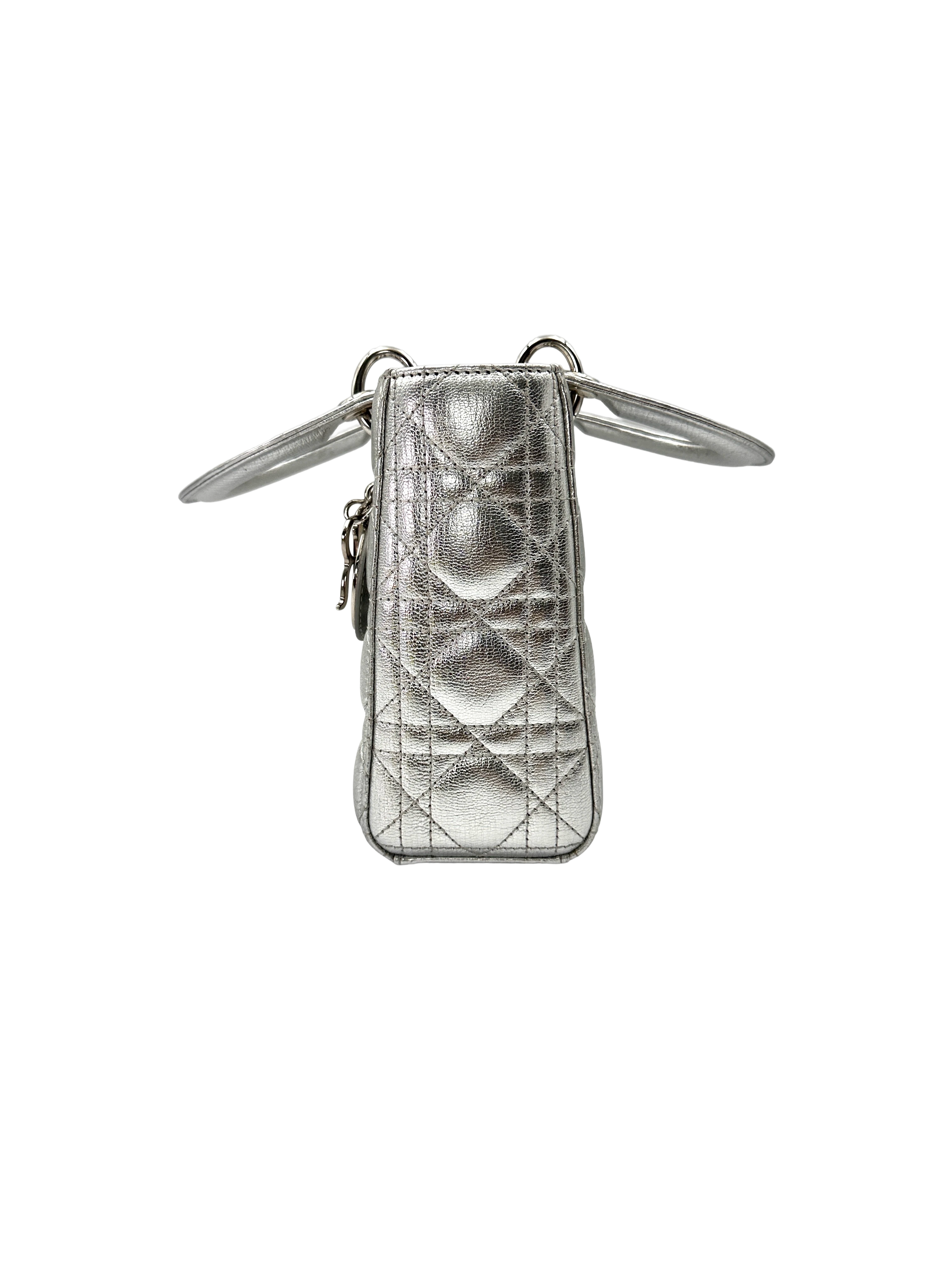 Christian Dior Lady Dior Metallic Silver Leather Handle Bag DR881
