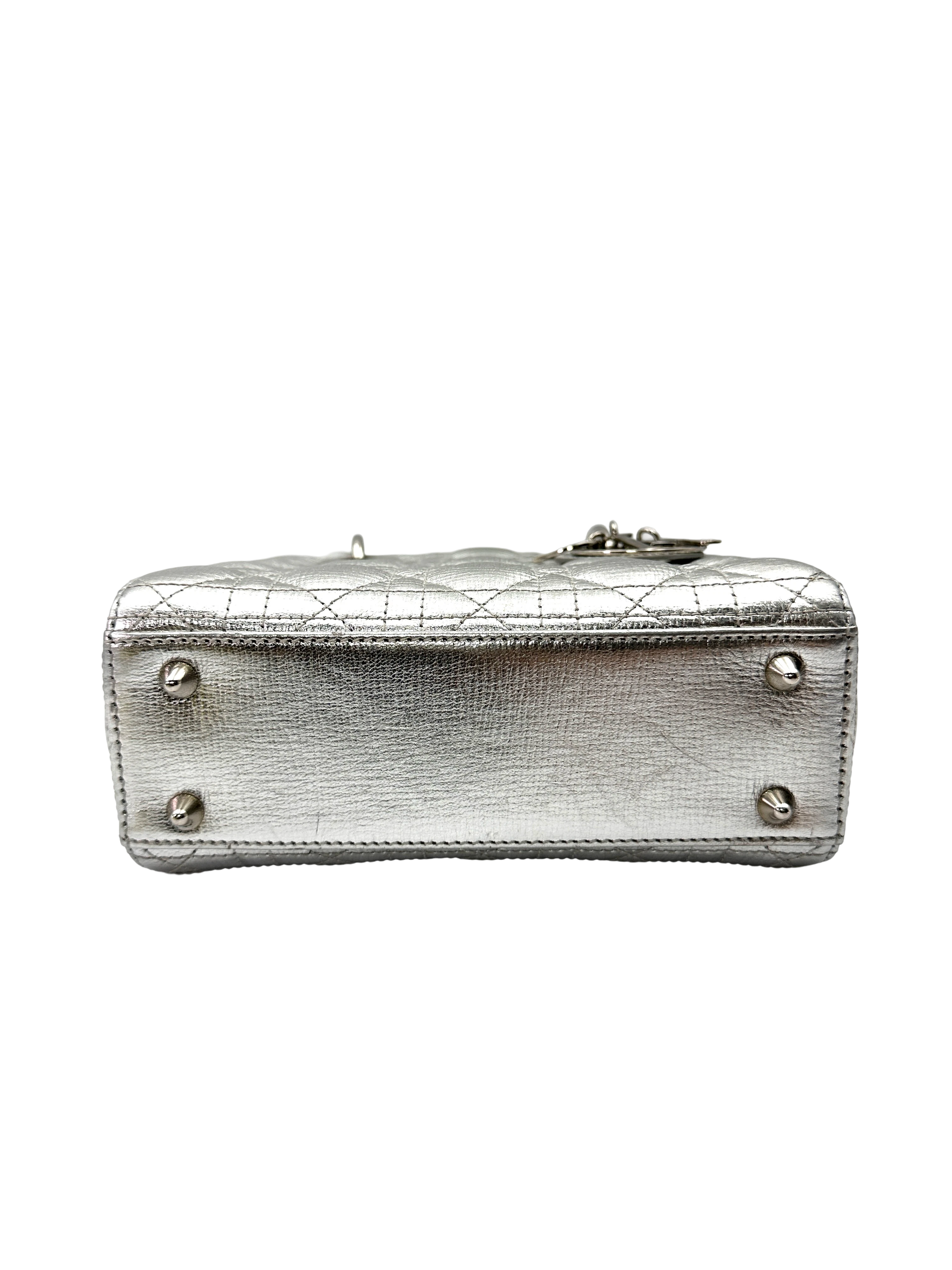 Christian Dior Lady Dior Metallic Silver Leather Handle Bag DR881