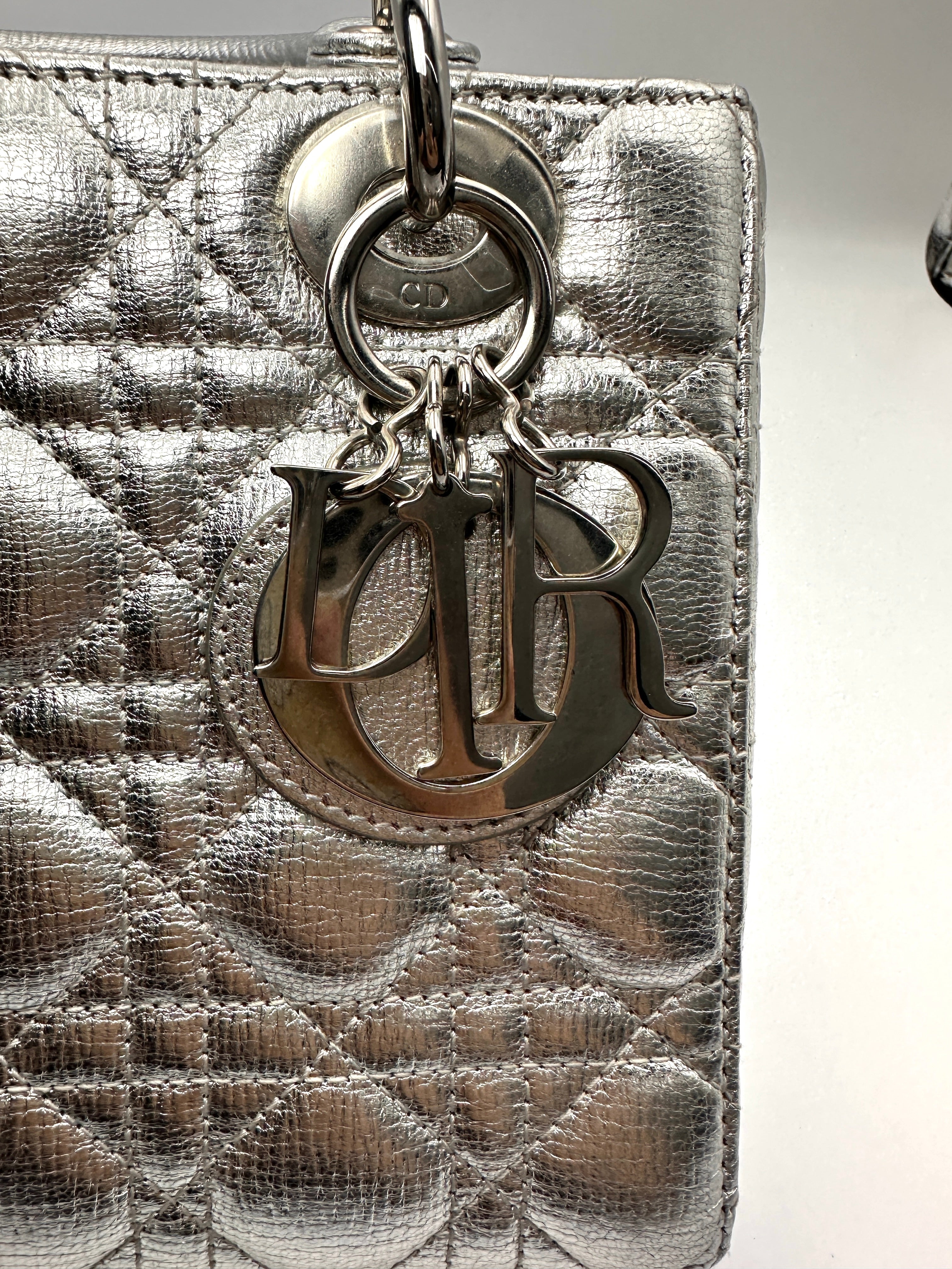 Christian Dior Lady Dior Metallic Silver Leather Handle Bag DR881