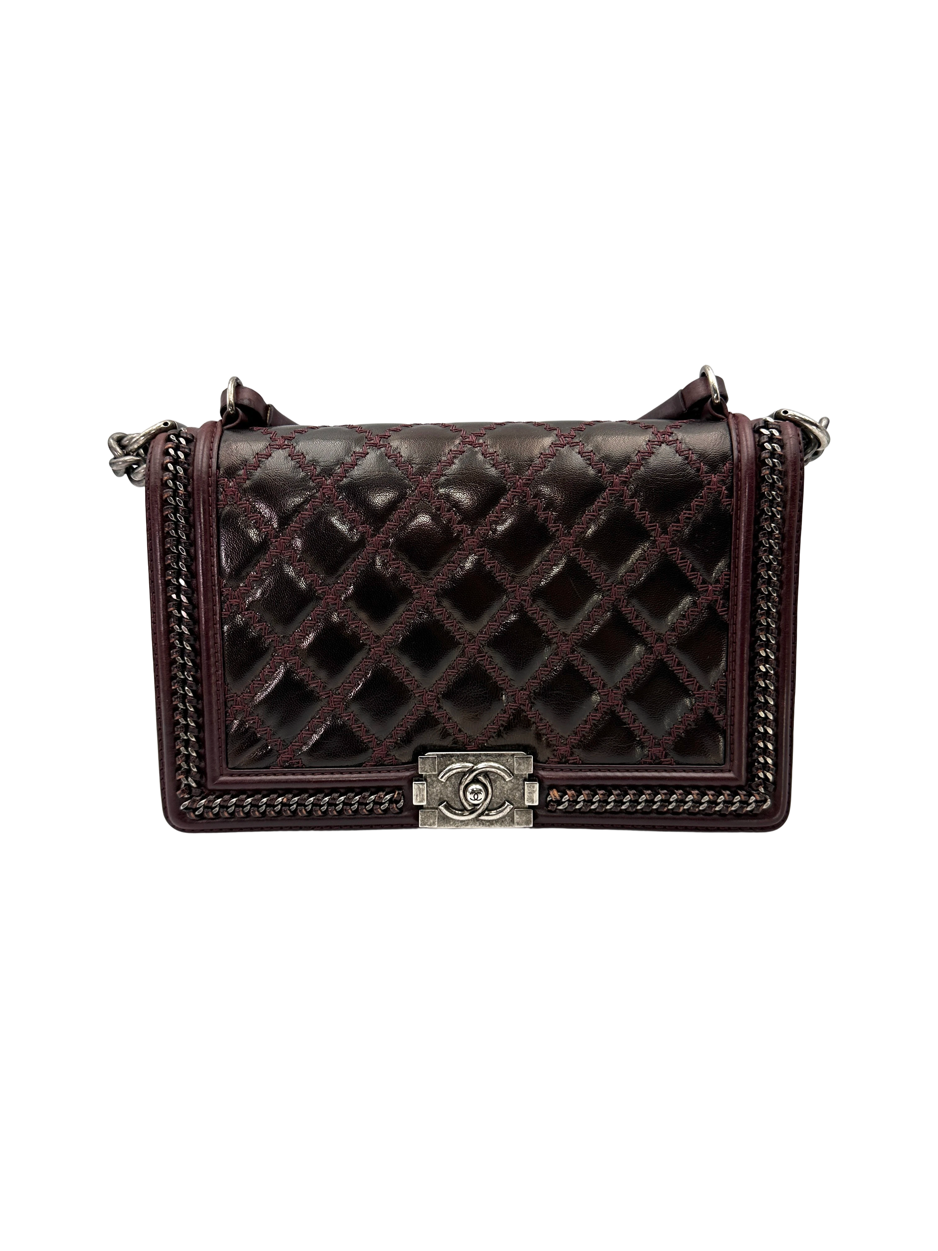 Chanel LeBoy Dark Red Quilted Leather Top Handle Flap Bag With Silver Buckle(21***16) CC2465