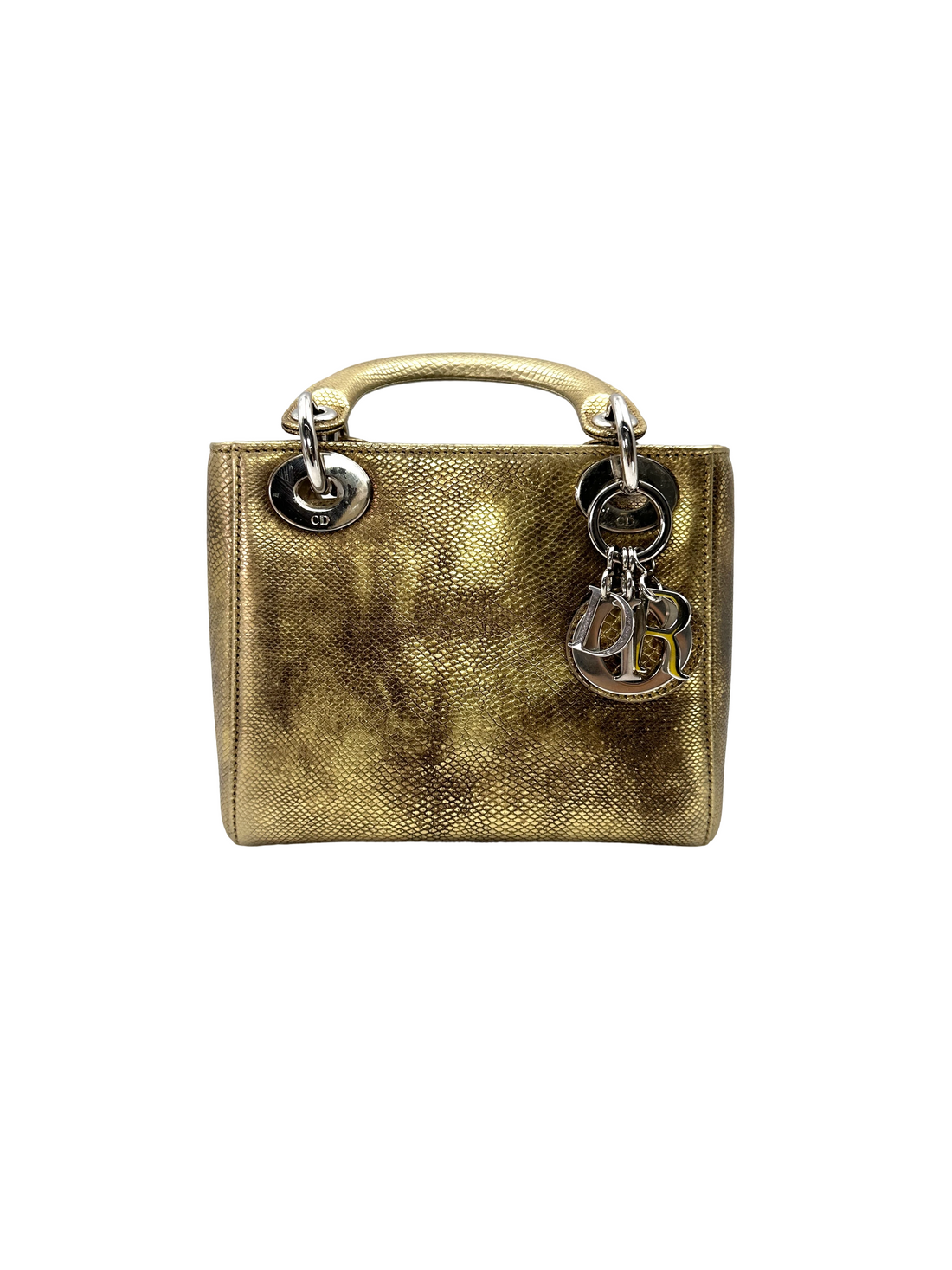 Christian Dior Lady Dior Metallic Gold Lizard Leather Handle Bag DR887