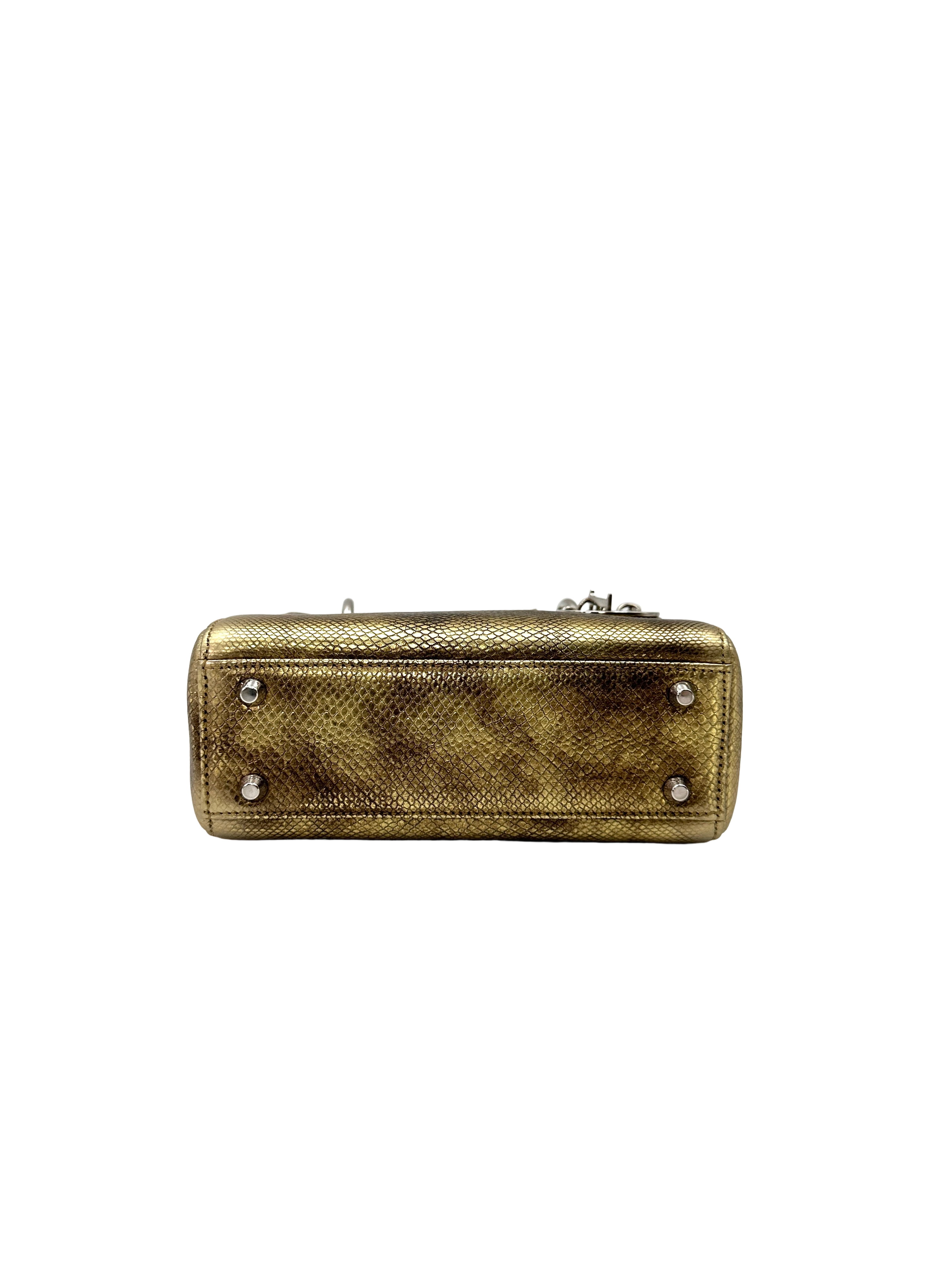 Christian Dior Lady Dior Metallic Gold Lizard Leather Handle Bag DR887