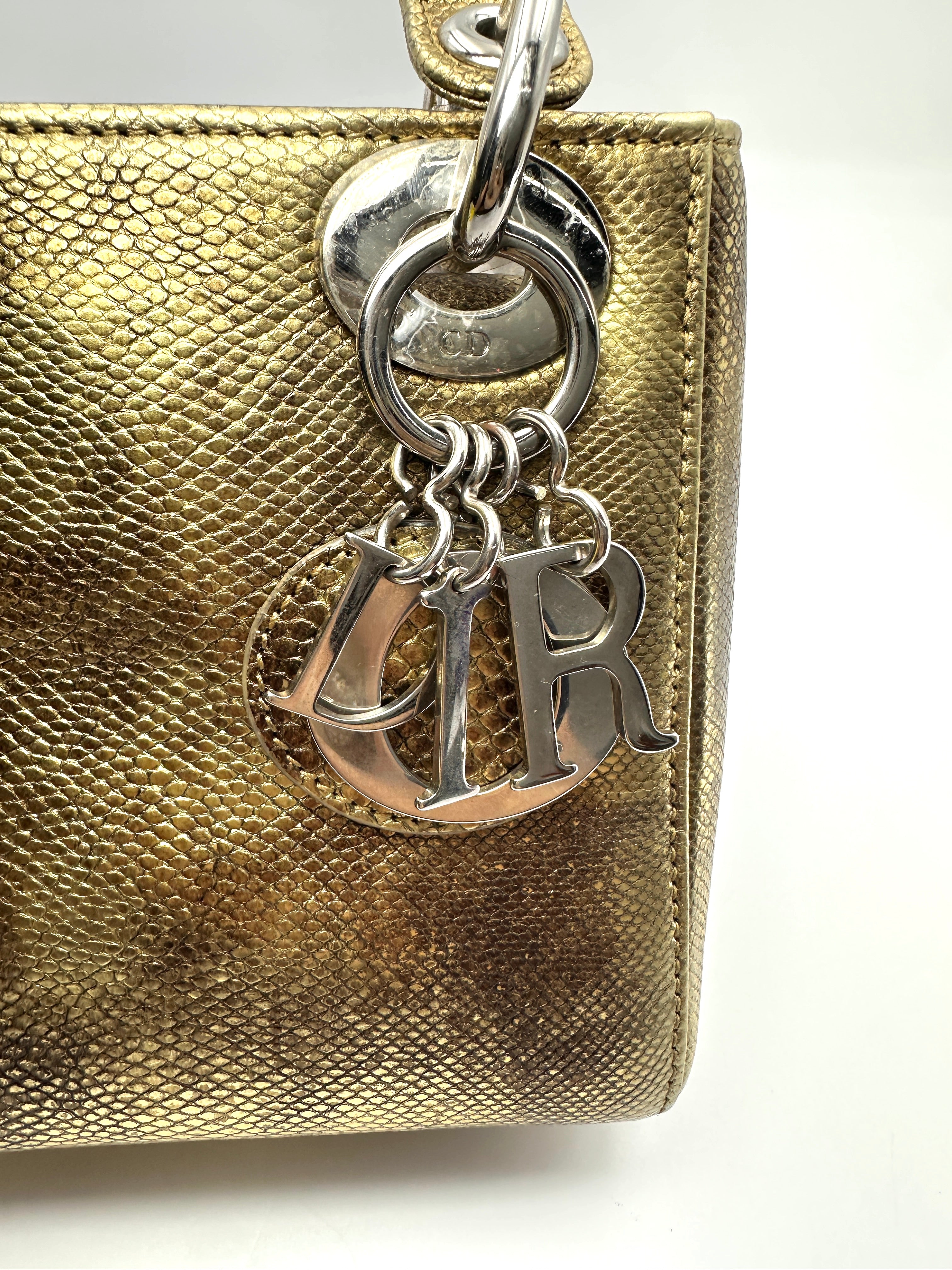 Christian Dior Lady Dior Metallic Gold Lizard Leather Handle Bag DR887