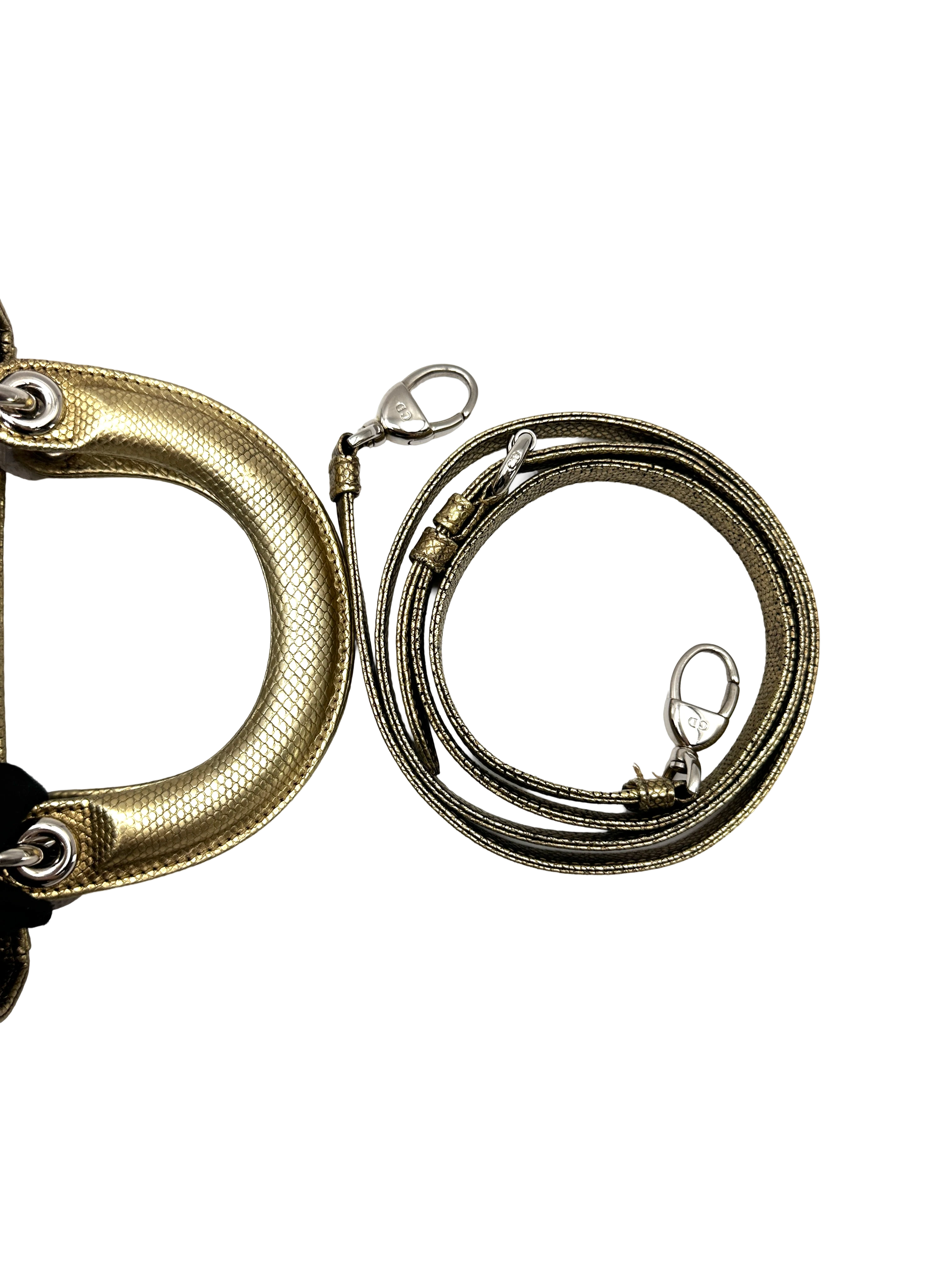 Christian Dior Lady Dior Metallic Gold Lizard Leather Handle Bag DR887