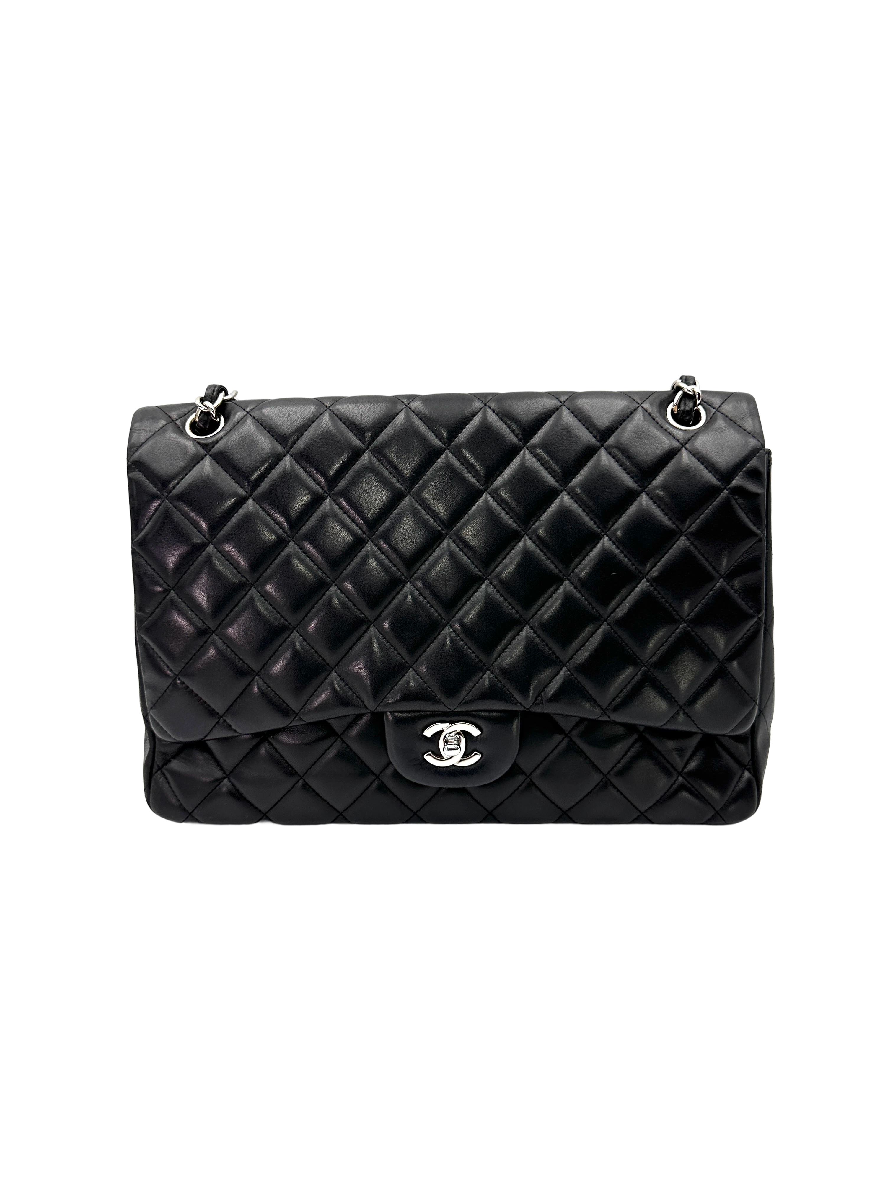 Chanel Classic Flap Black Quilted Leather Maxi Shoulder Bag With Silver Buckle(13***54) CC2466