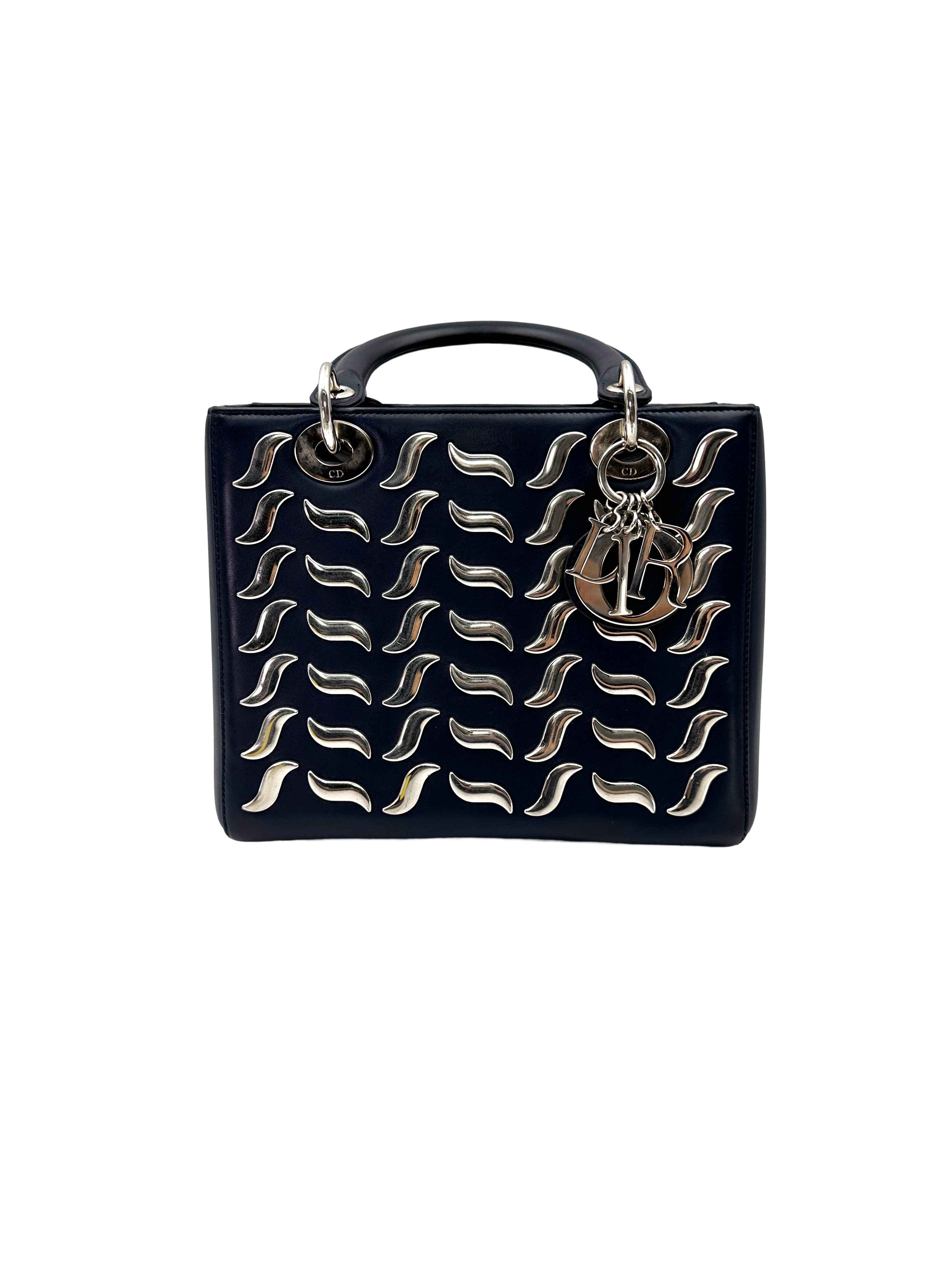 Christian Dior Lady Dior Sapphire Black Leather Handle Bag DR882
