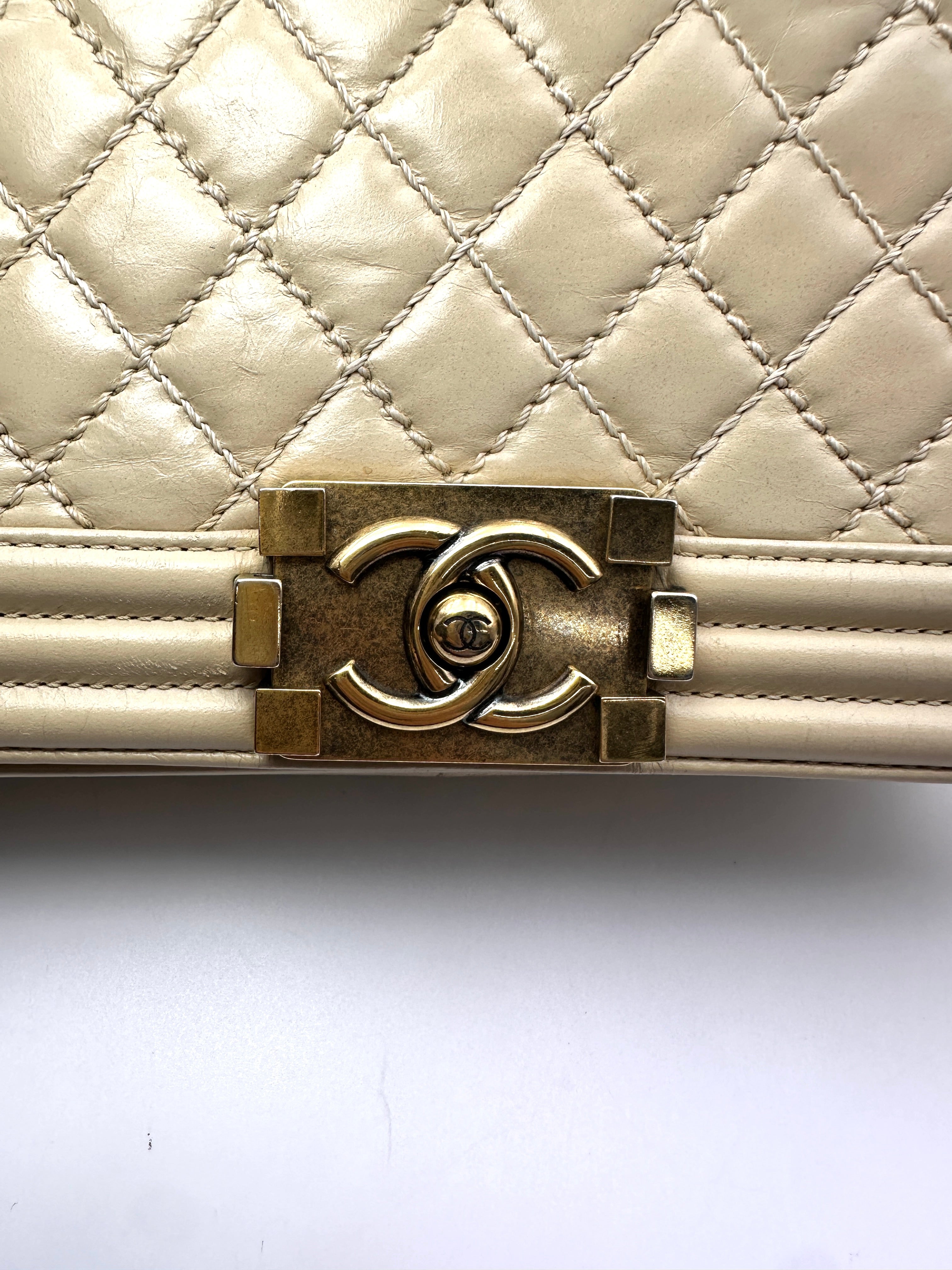 Chanel LeBoy Beige Quilted Leather Flap Bag With Gold Buckle(17***89) CC2472