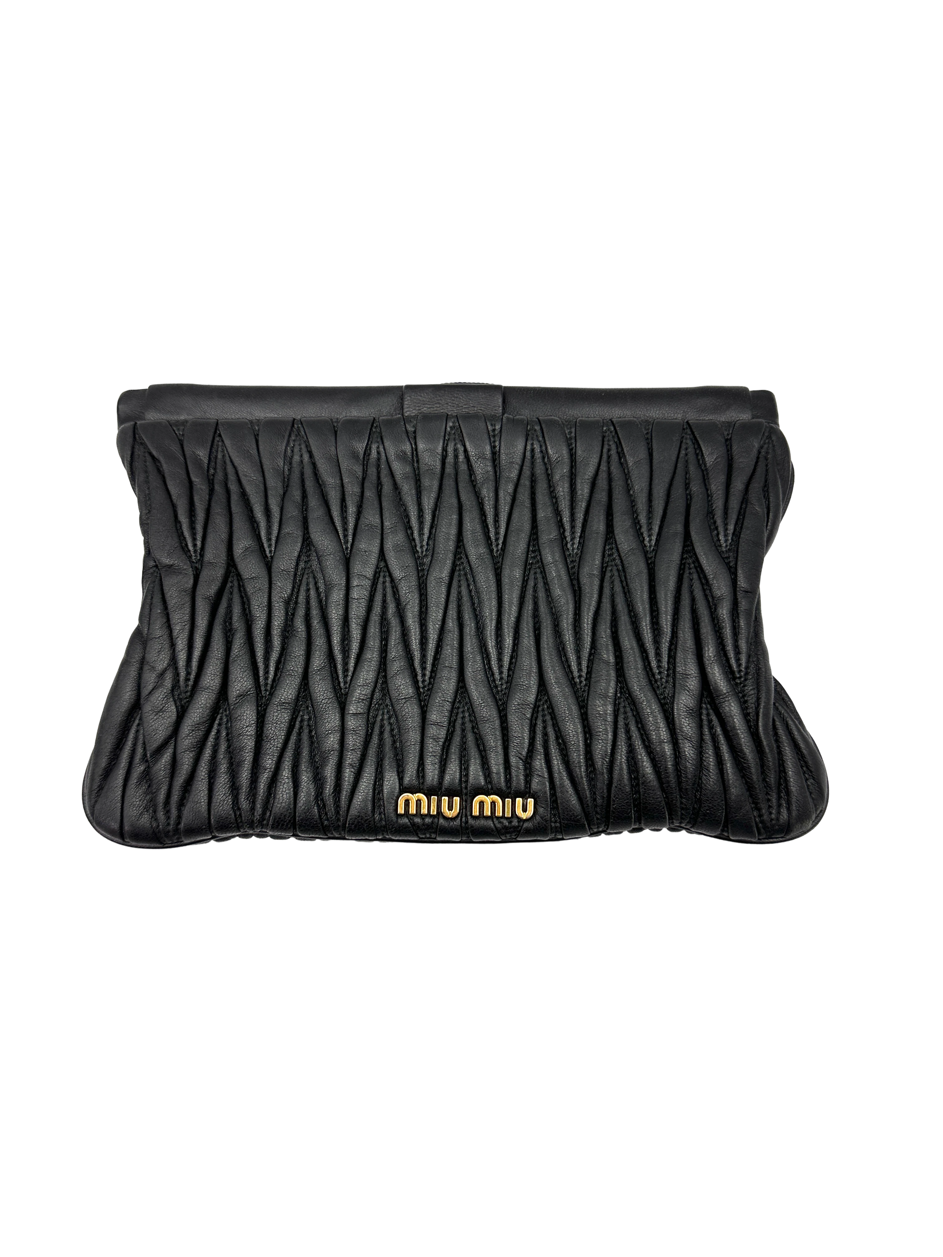 Miu Miu Black Matelasse Pleated Leather Clutch MM37