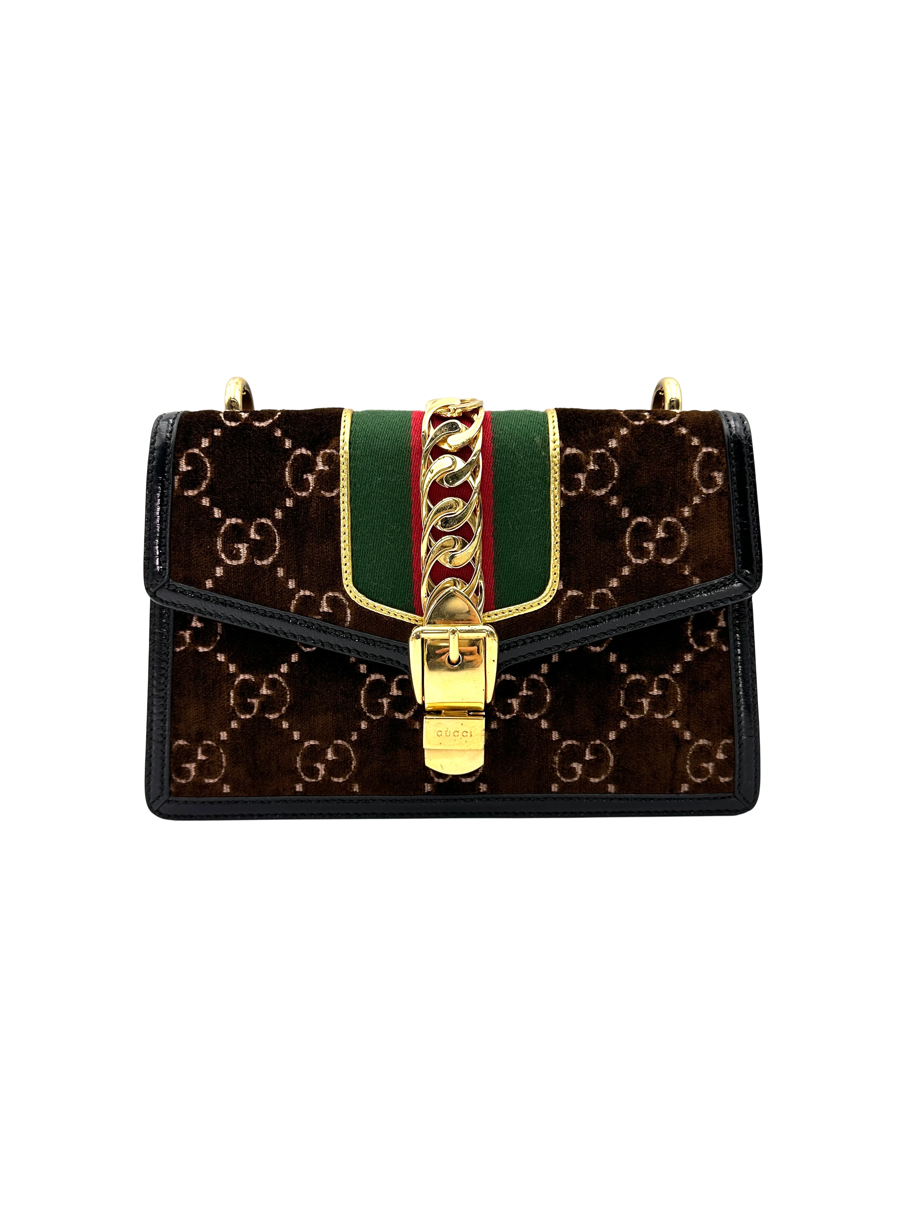 Gucci Sylvie Brown Velvet Shoulder Bag GG1377