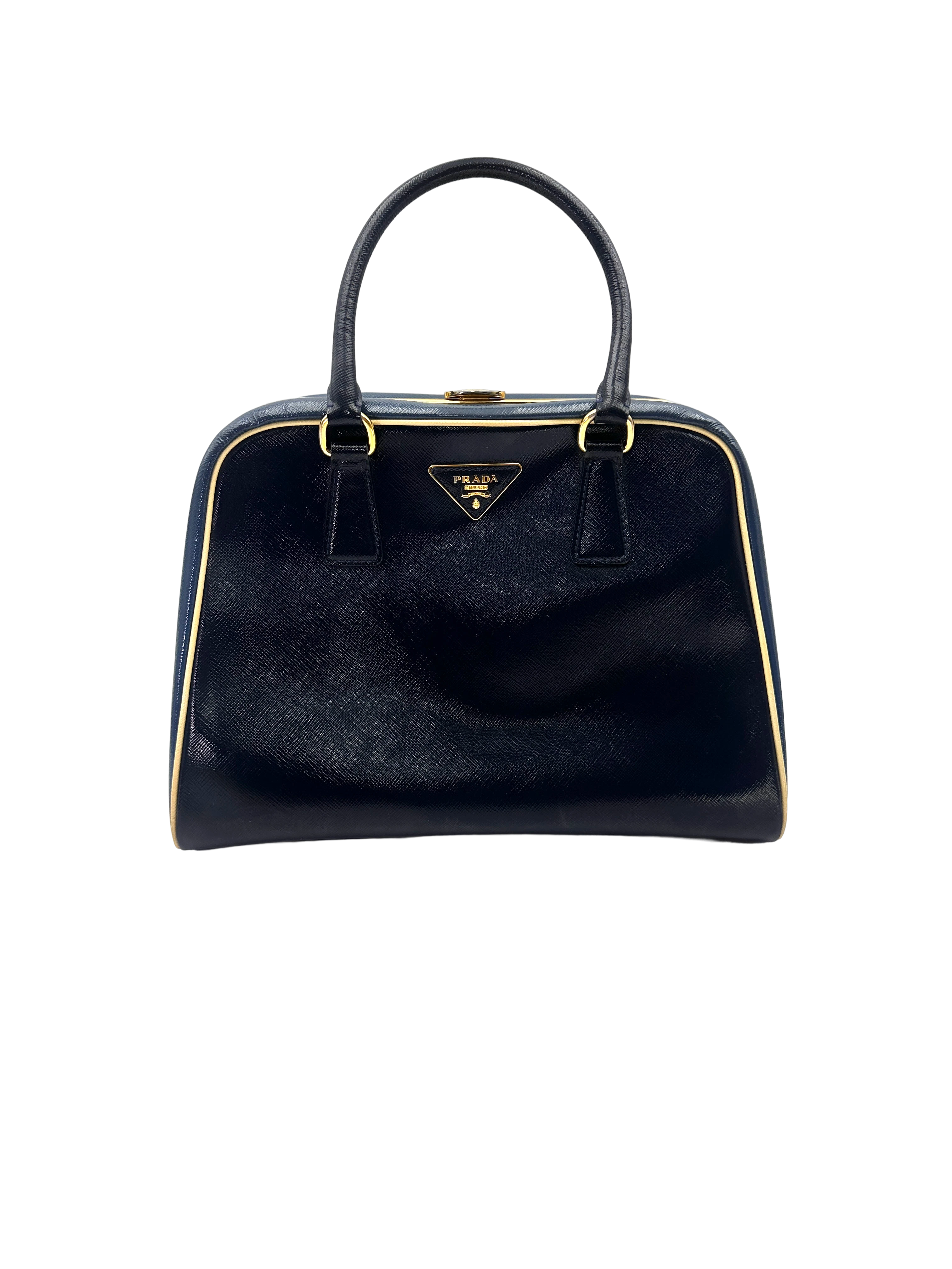 Prada Saffiano Vernice Leather Pyramid Handle Bag PR557