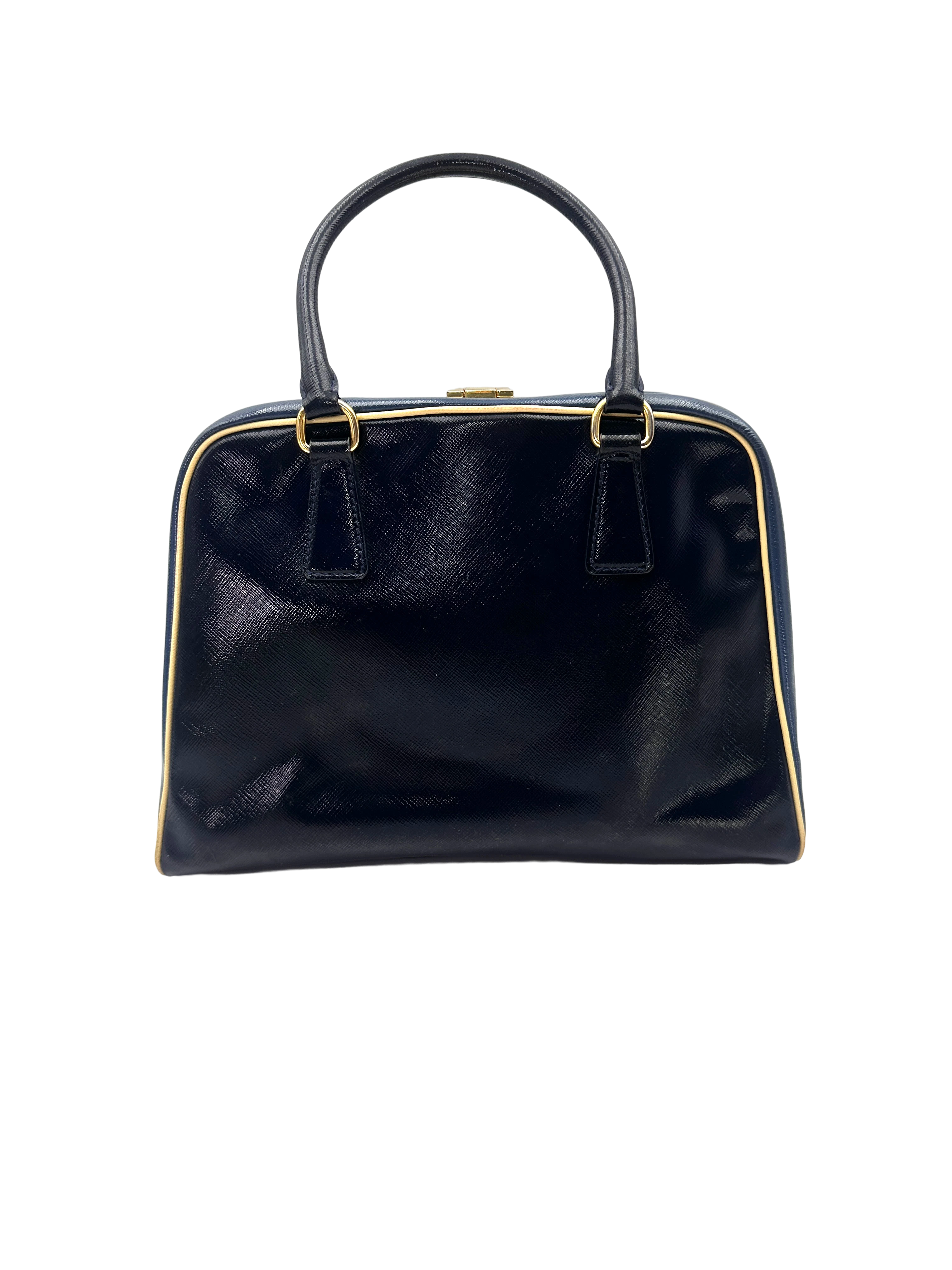 Prada Saffiano Vernice Leather Pyramid Handle Bag PR557