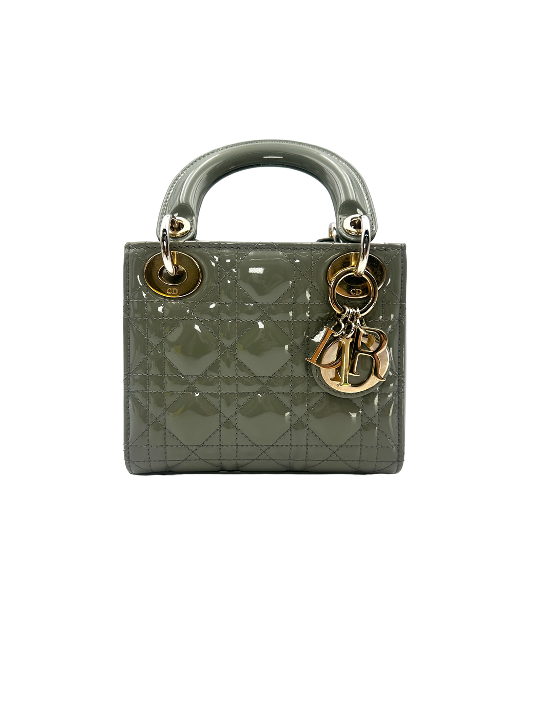 Christian Dior Lady Dior Grey Cannage Patent Leather Handle Bag DR894