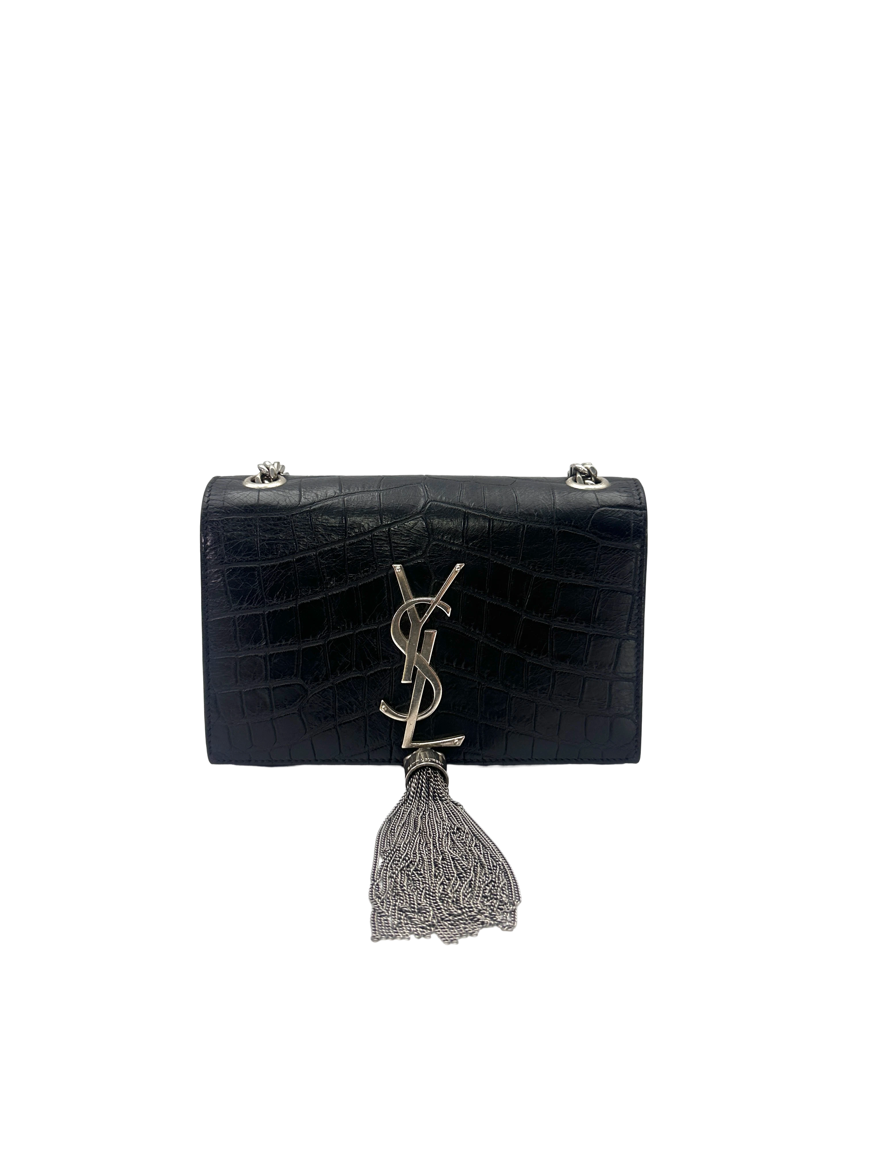 Saint Laurent Black Croc-Embossed Leather Wallet On Chain SL279