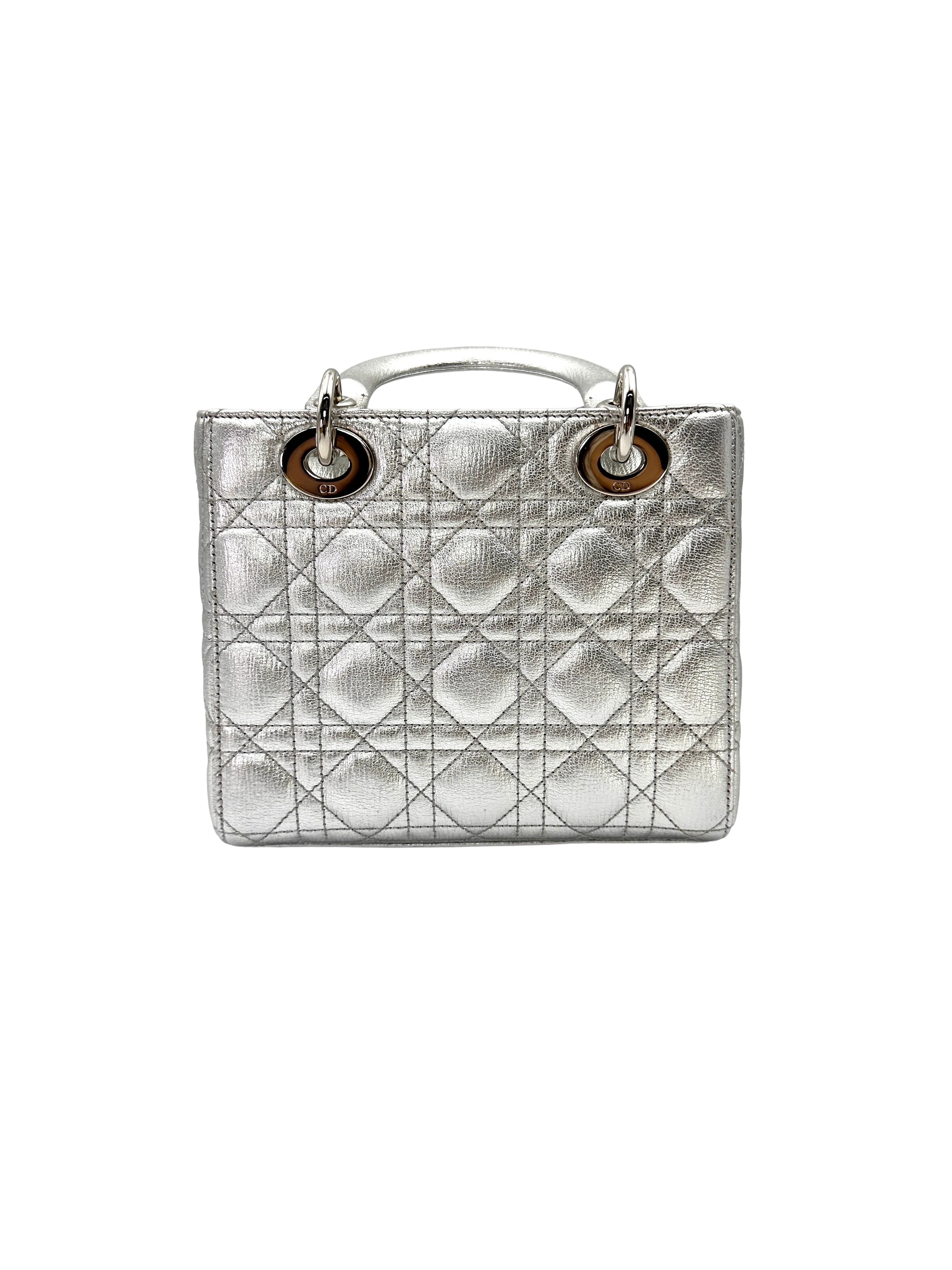 Christian Dior Lady Dior Metallic Silver Leather Handle Bag DR889