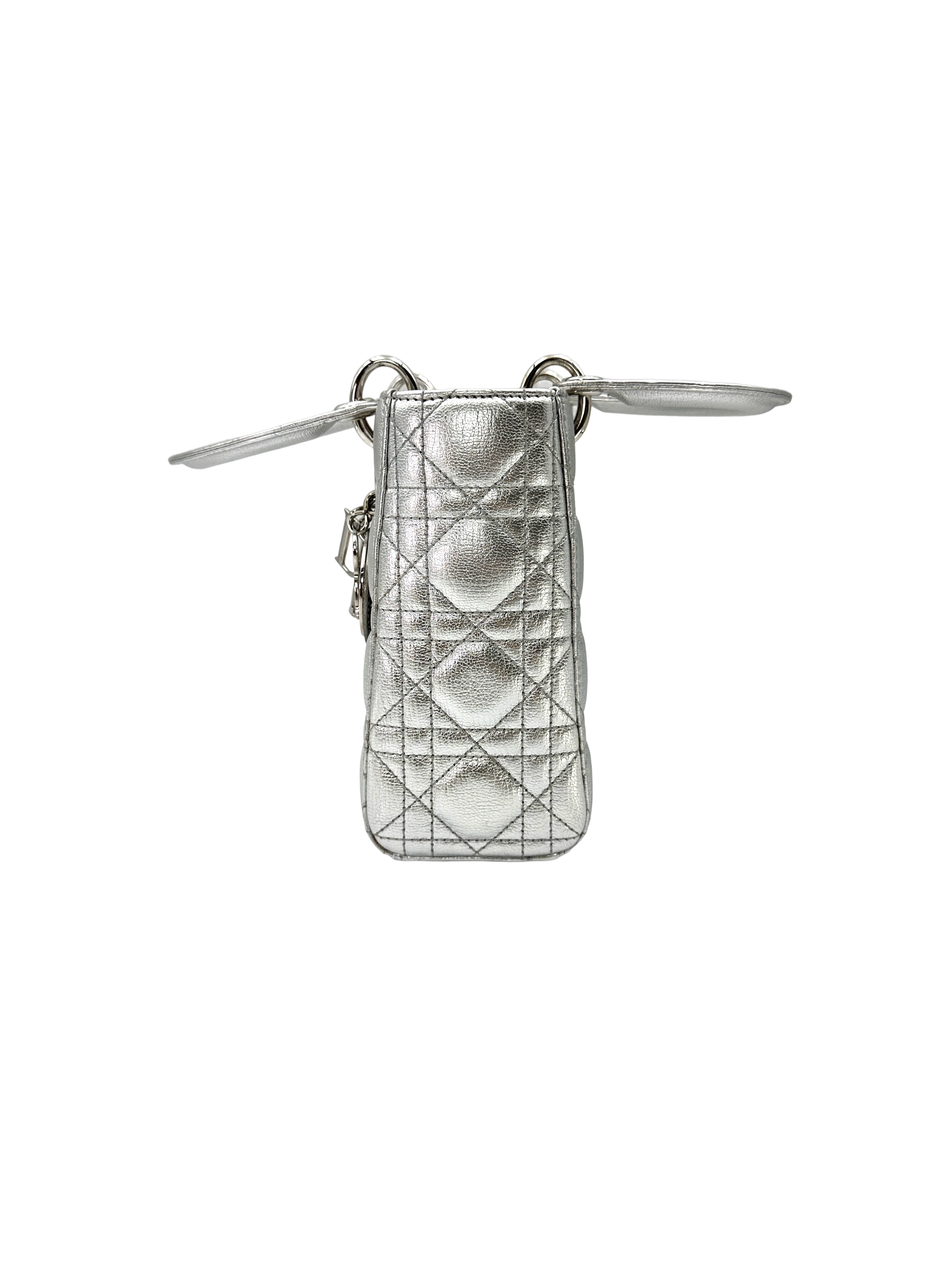 Christian Dior Lady Dior Metallic Silver Leather Handle Bag DR889