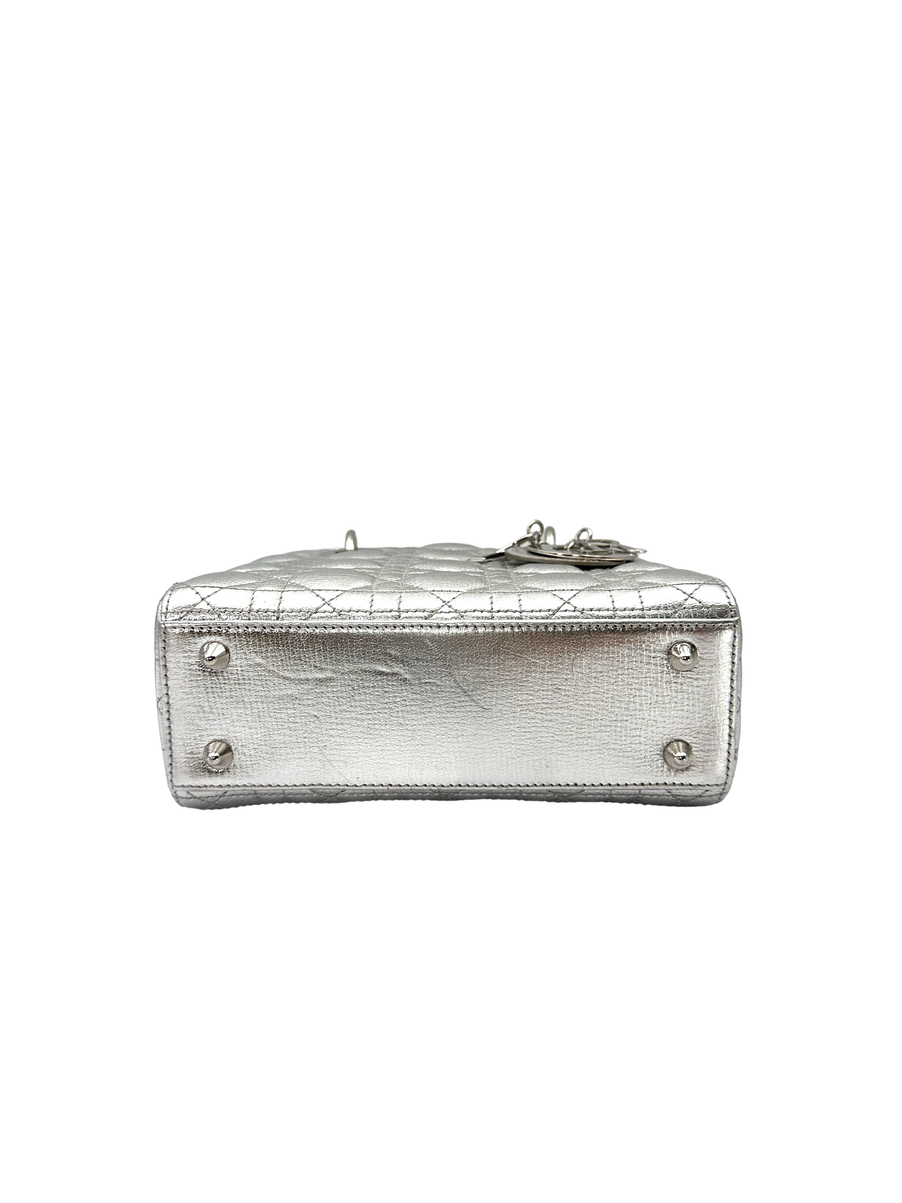 Christian Dior Lady Dior Metallic Silver Leather Handle Bag DR889