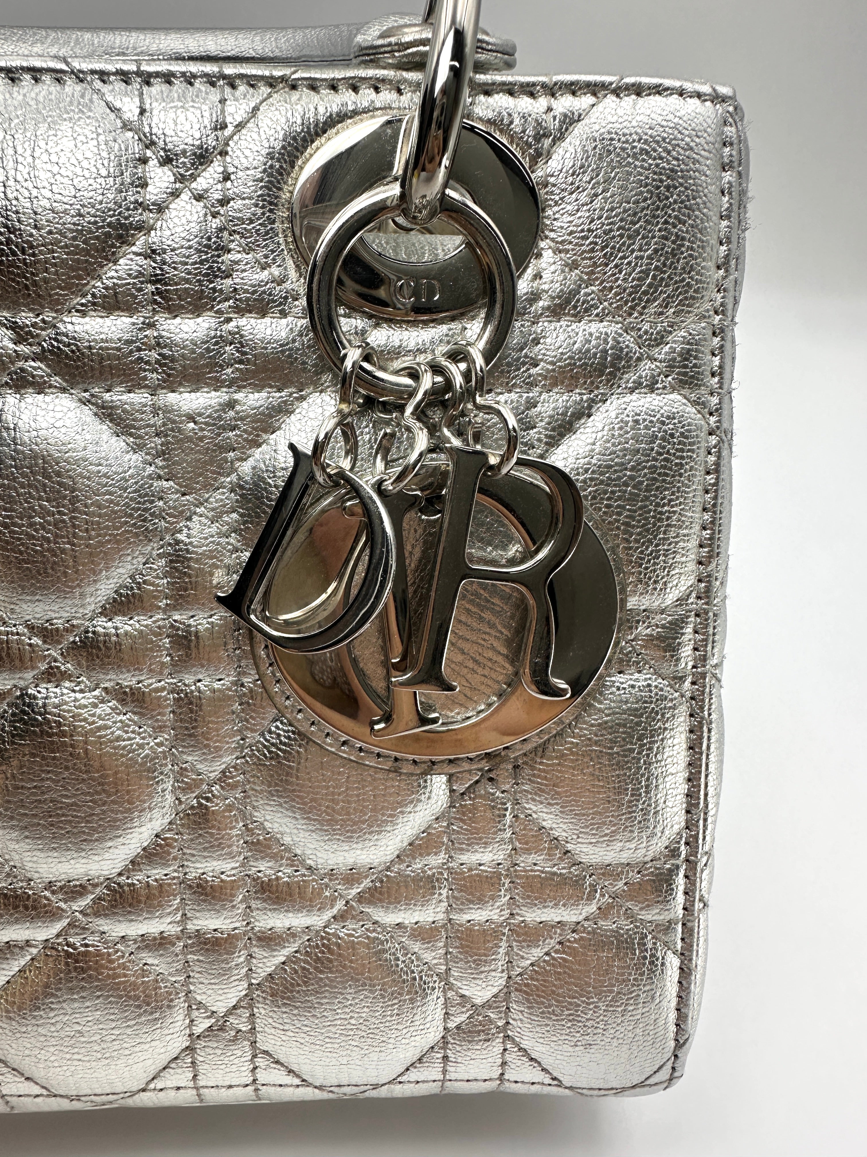 Christian Dior Lady Dior Metallic Silver Leather Handle Bag DR889