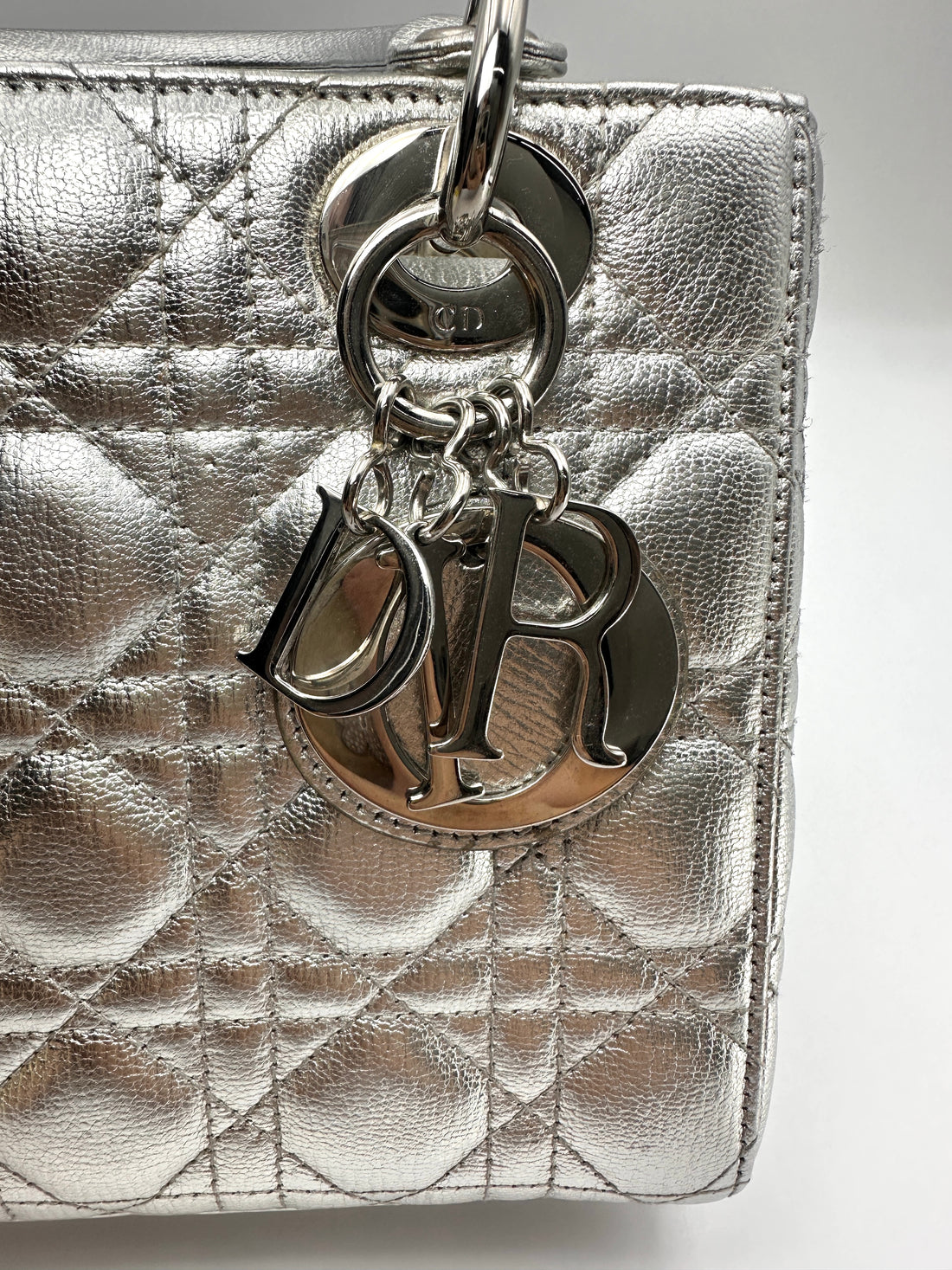 Christian Dior Lady Dior Metallic Silver Leather Handle Bag DR889