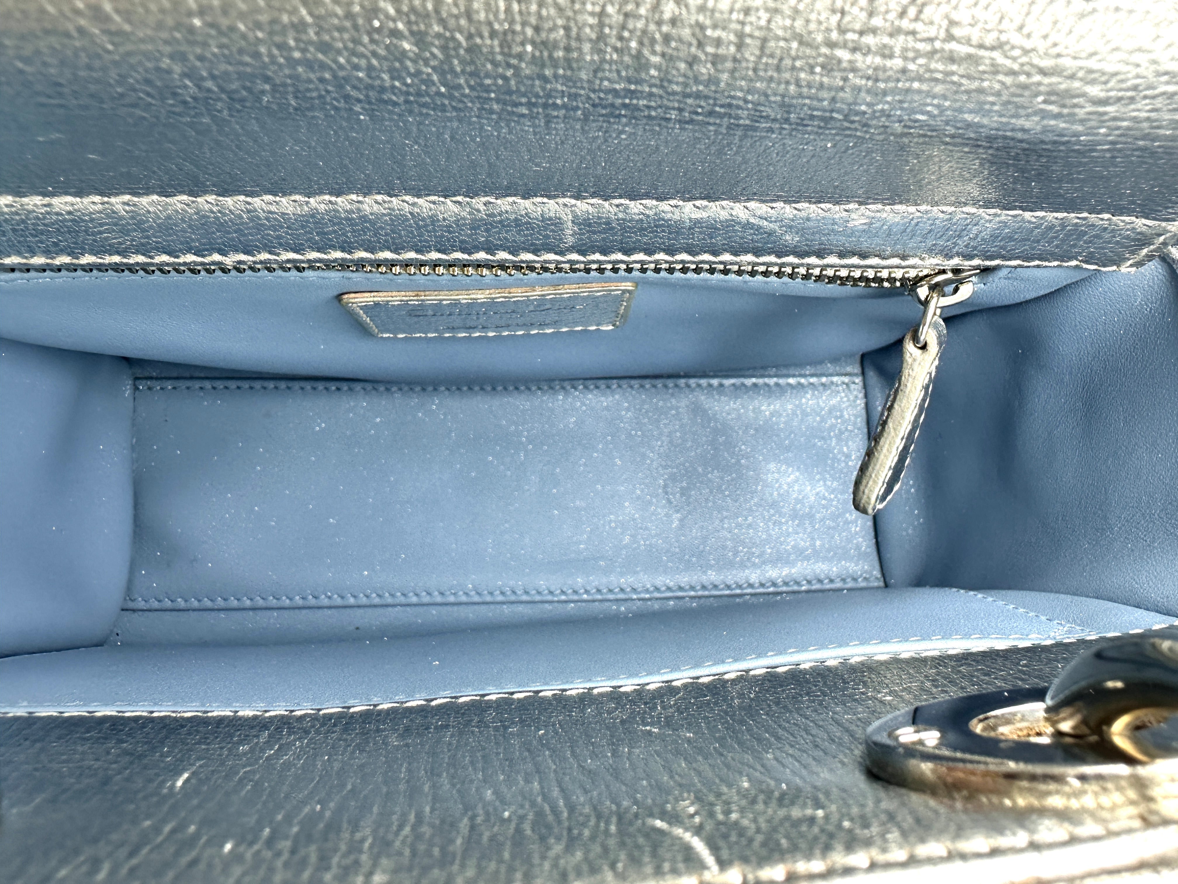 Christian Dior Lady Dior Metallic Silver Leather Handle Bag DR889