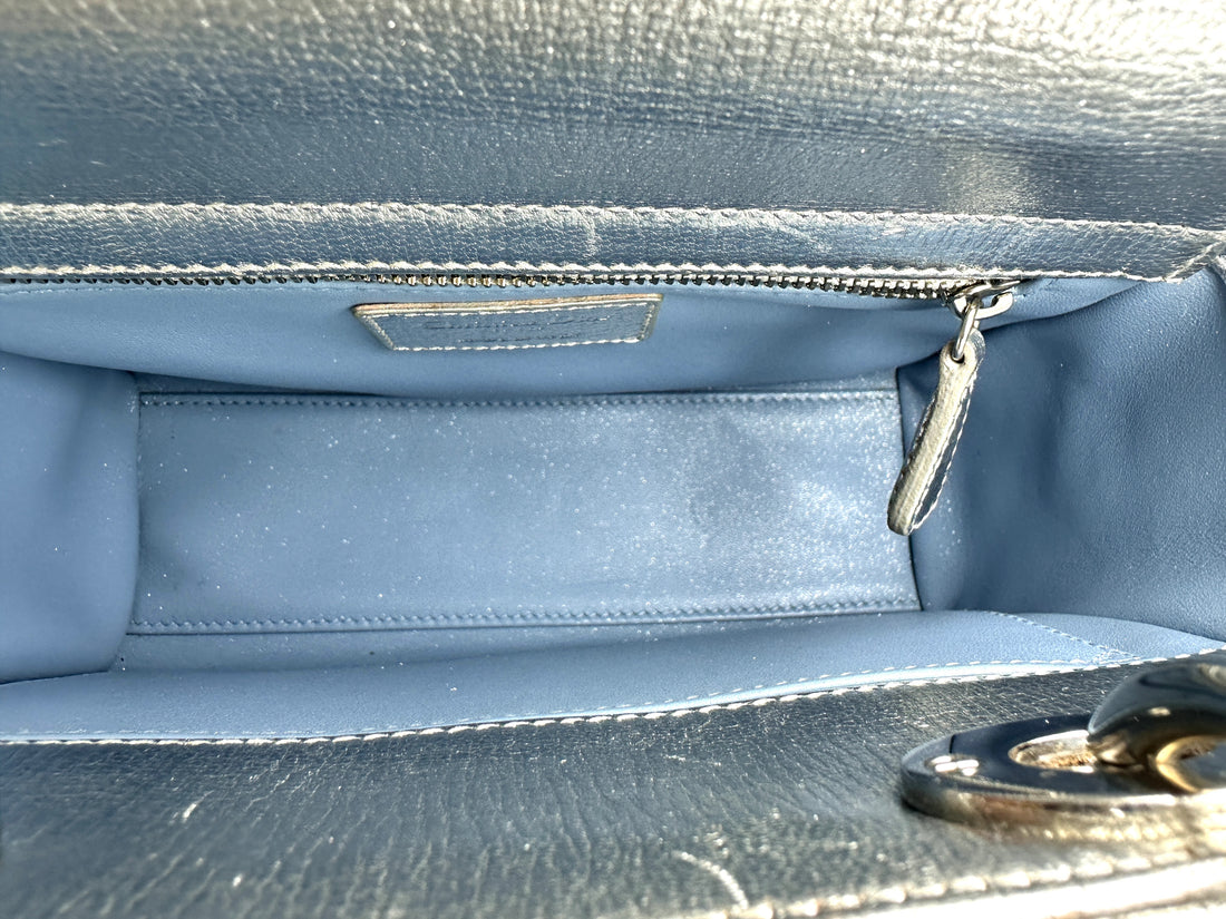 Christian Dior Lady Dior Metallic Silver Leather Handle Bag DR889