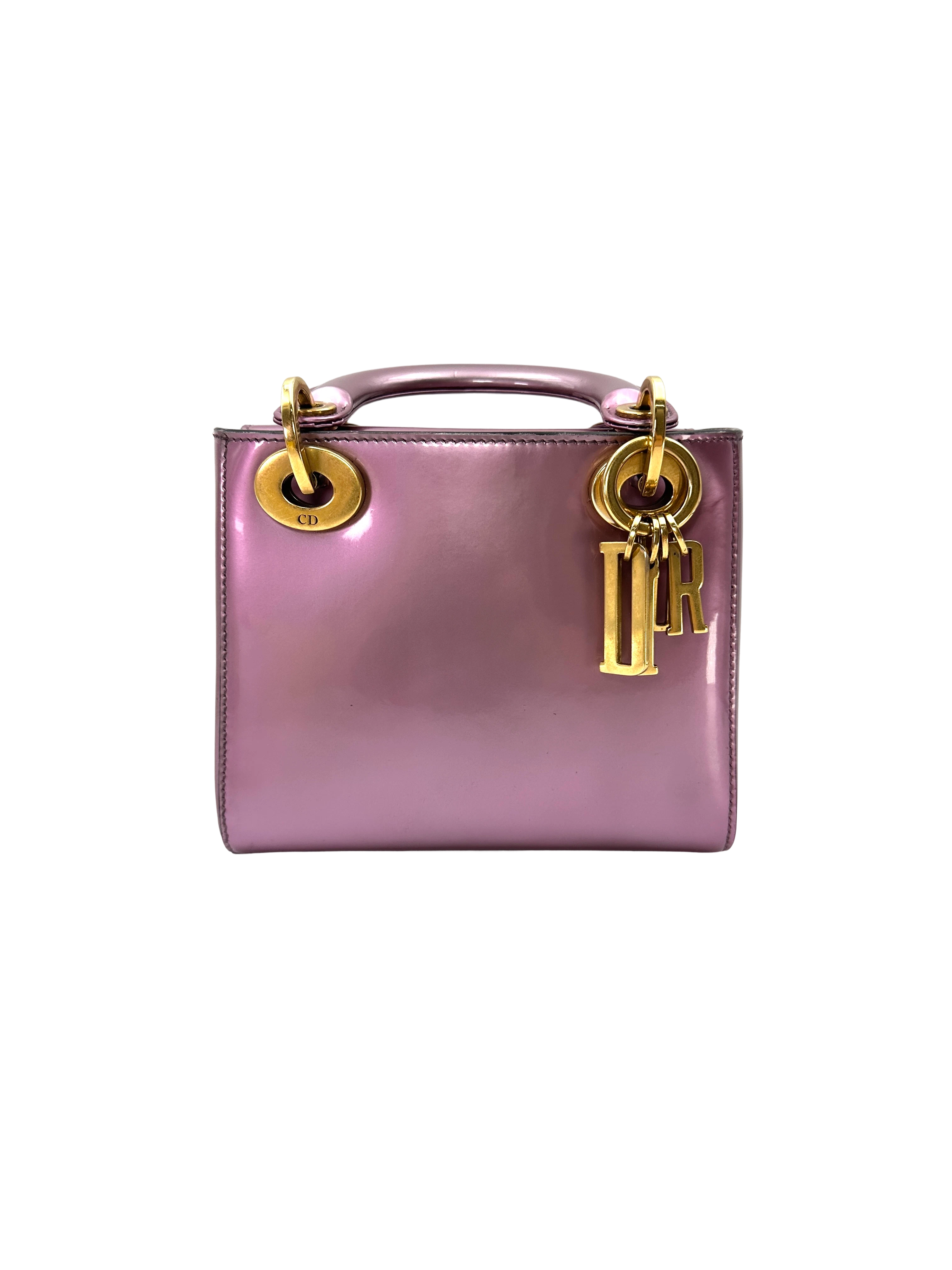 Christian Dior Lady Dior Metallic Pink Patent Leather Handle Bag DR891