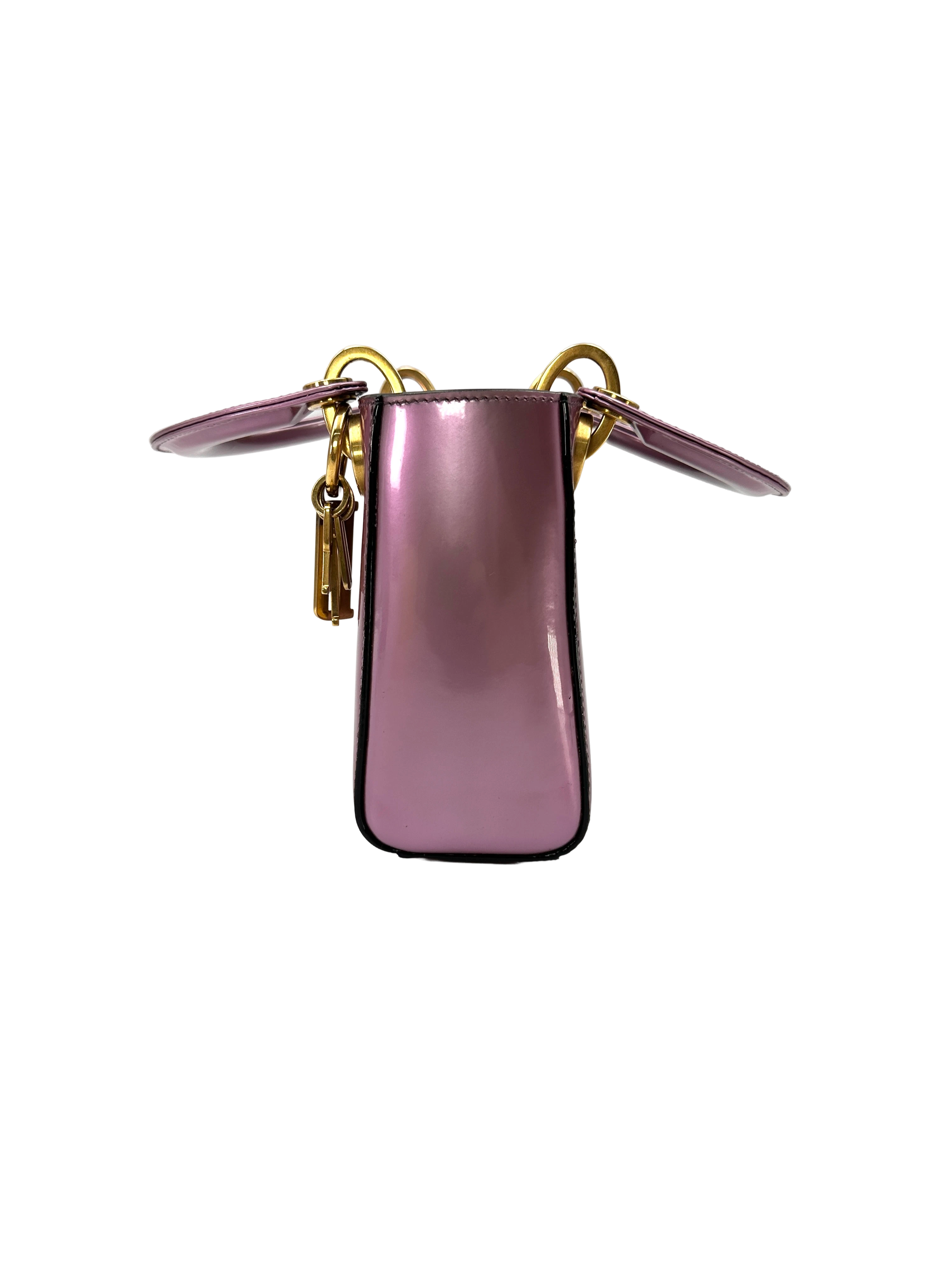 Christian Dior Lady Dior Metallic Pink Patent Leather Handle Bag DR891
