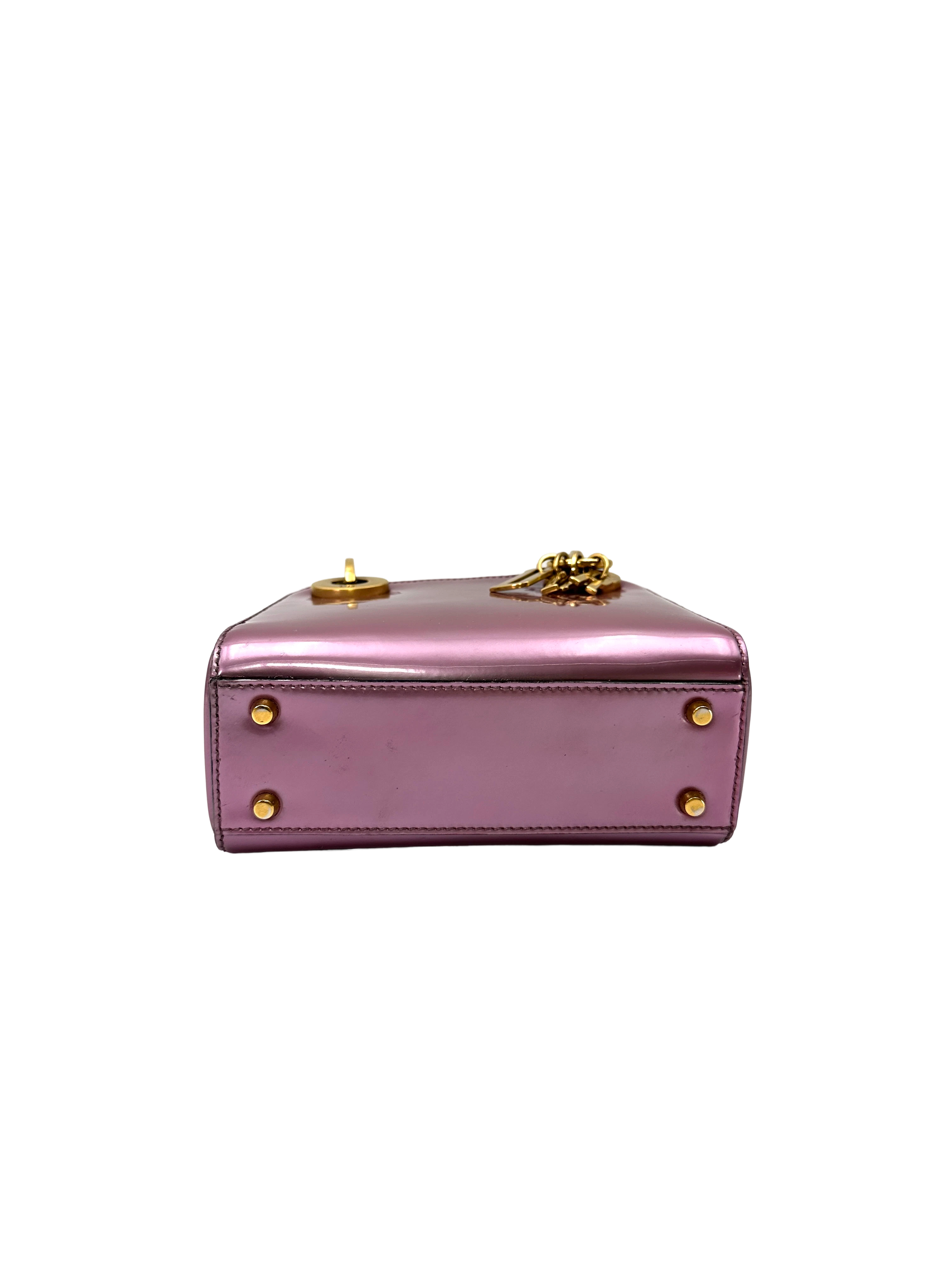 Christian Dior Lady Dior Metallic Pink Patent Leather Handle Bag DR891